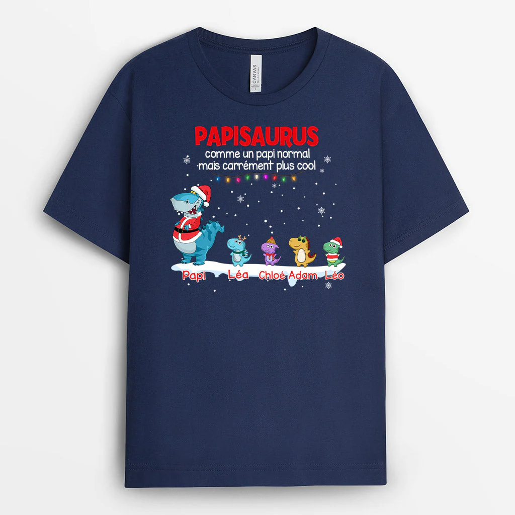T-shirt Personnalisé Pour Papy - Papisaurus Avec Petits Dinosaures Sous Neige