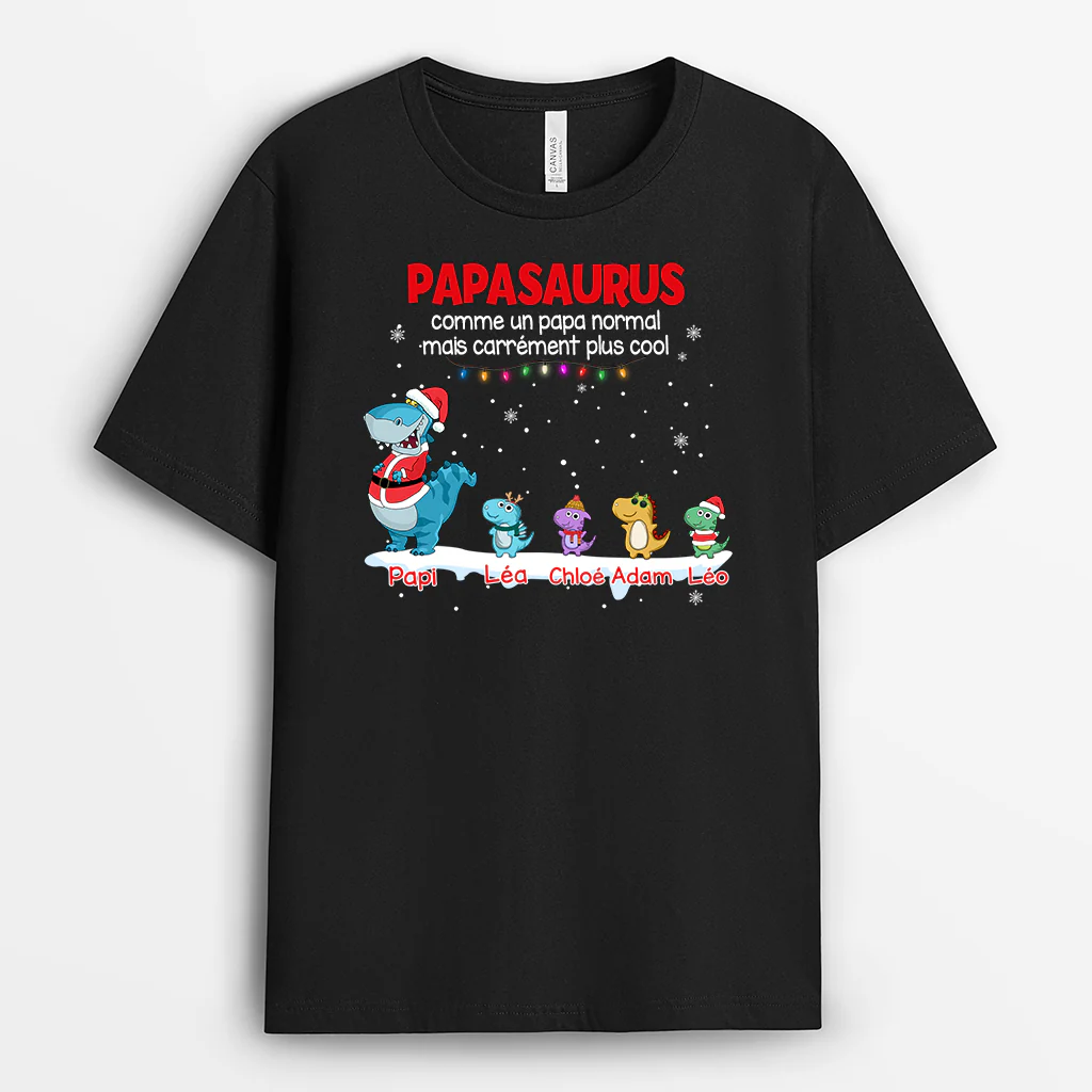 T-shirt Personnalisé Pour Papy - Papisaurus Avec Petits Dinosaures Sous Neige - Image 2