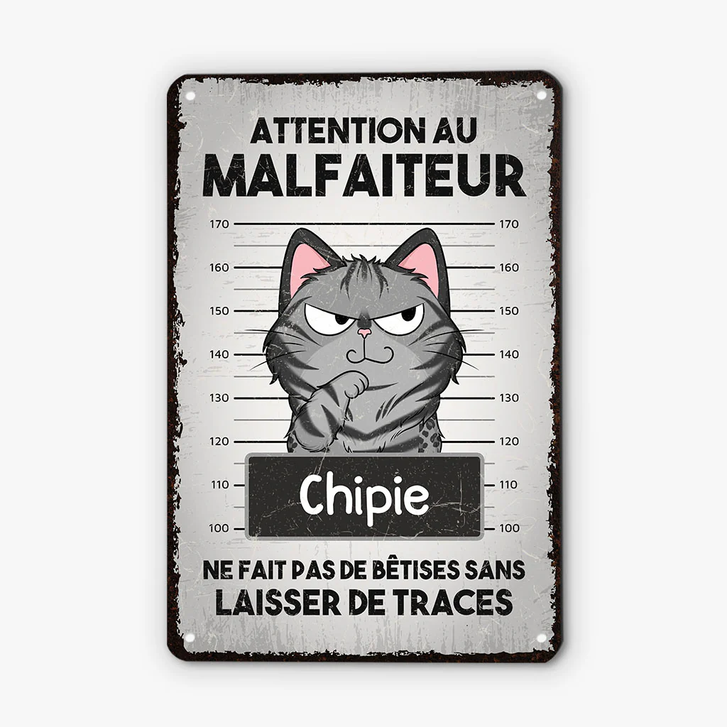 Plaque métal personnalisée – Attention au chat malfaiteur