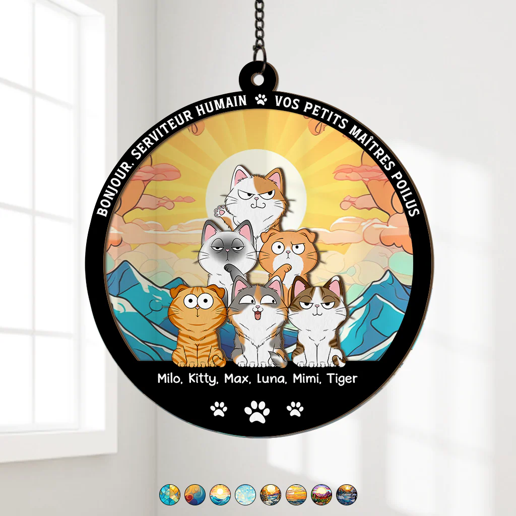 Attrape-soleil Personnalisé En Acrylique Avec Chats - Bonjour