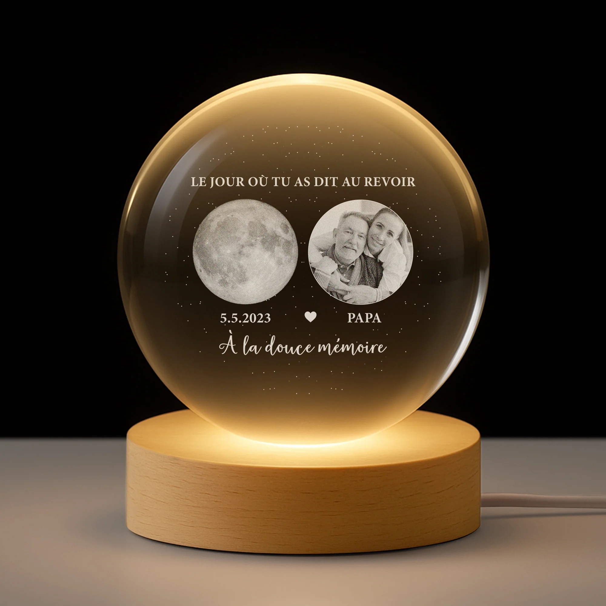 Veilleuse Boule De Cristal Personnalisée Commémorative Avec Photo - Au Revoir Avec Phase De La Lune - Image 2