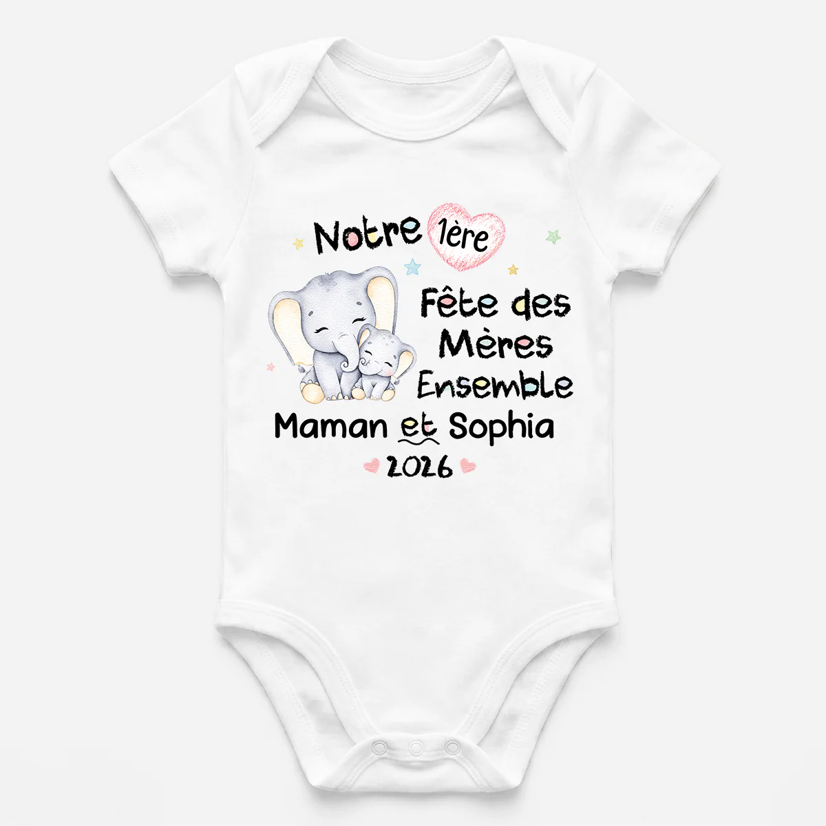 Body Bébé Personnalisé - Cadeau Première Fête Avec Maman Papa Éléphant