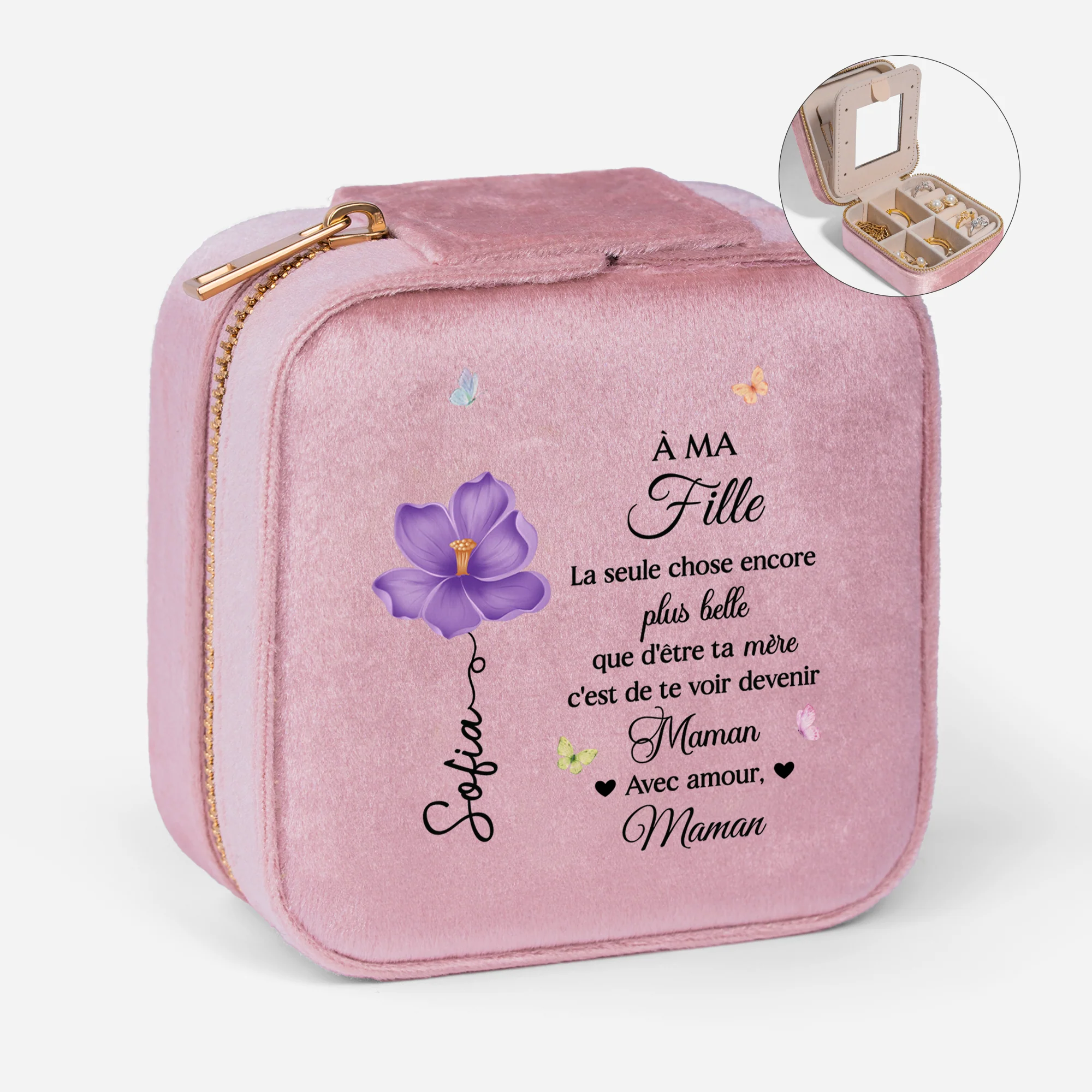 Boîte À Bijoux Personnalisée Prénom En Velours - Cadeau À Ma Fille