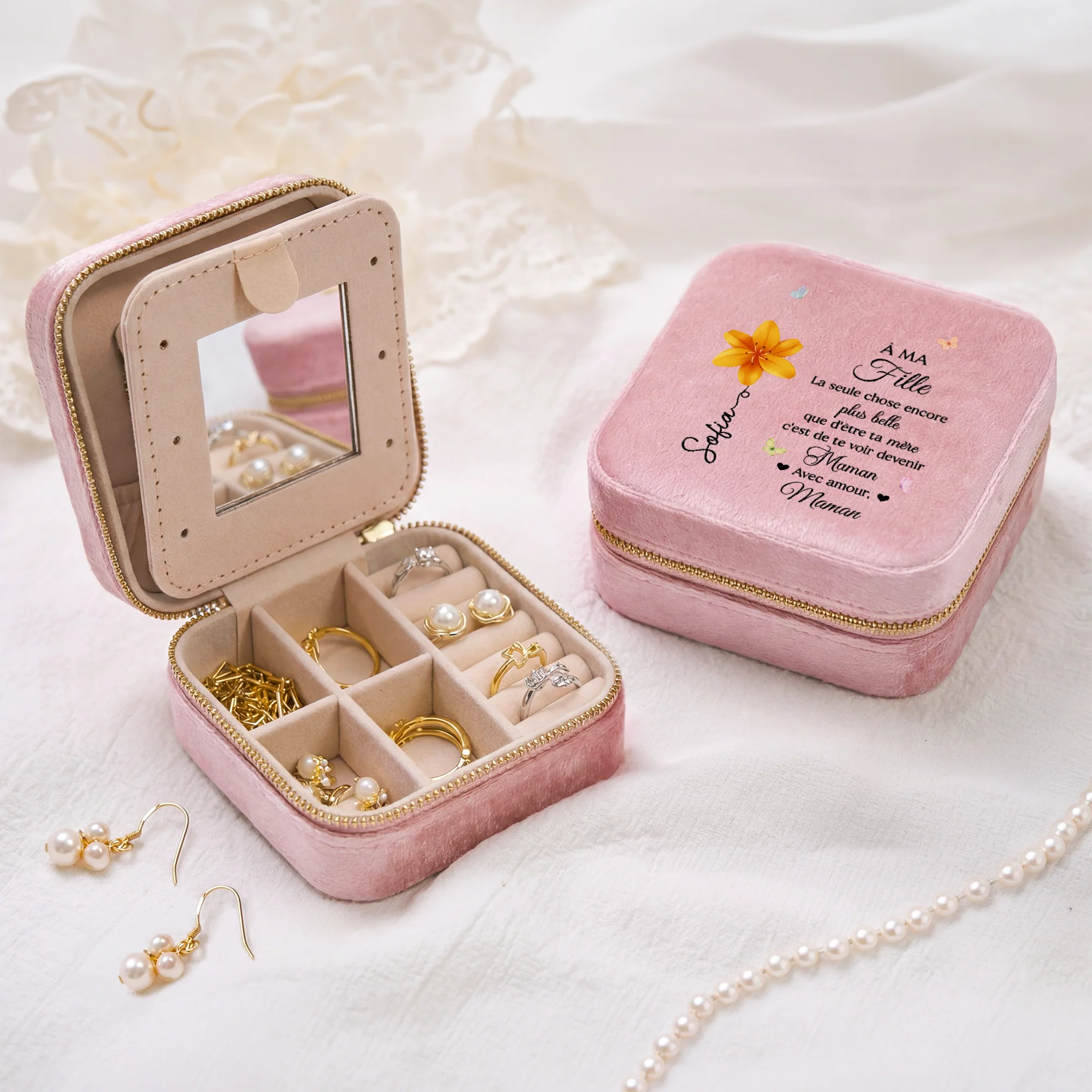 Boîte À Bijoux Personnalisée Prénom En Velours - Cadeau À Ma Fille - Image 2