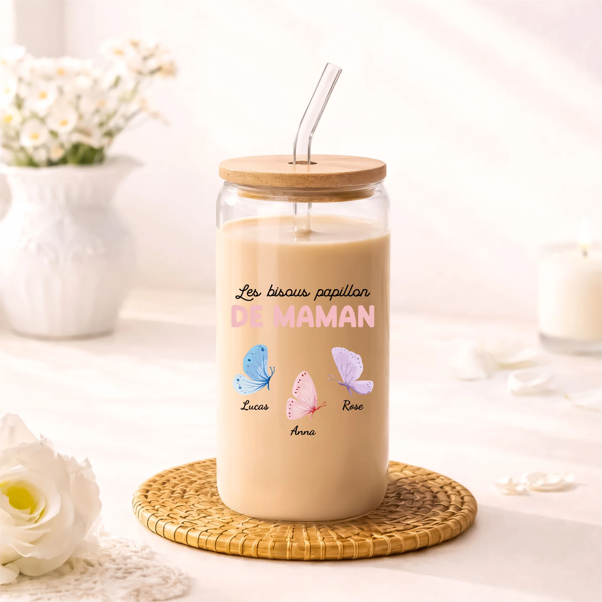 Gobelet En Verre Personnalisé - Bisous Papillon De Mamie Maman - Image 2