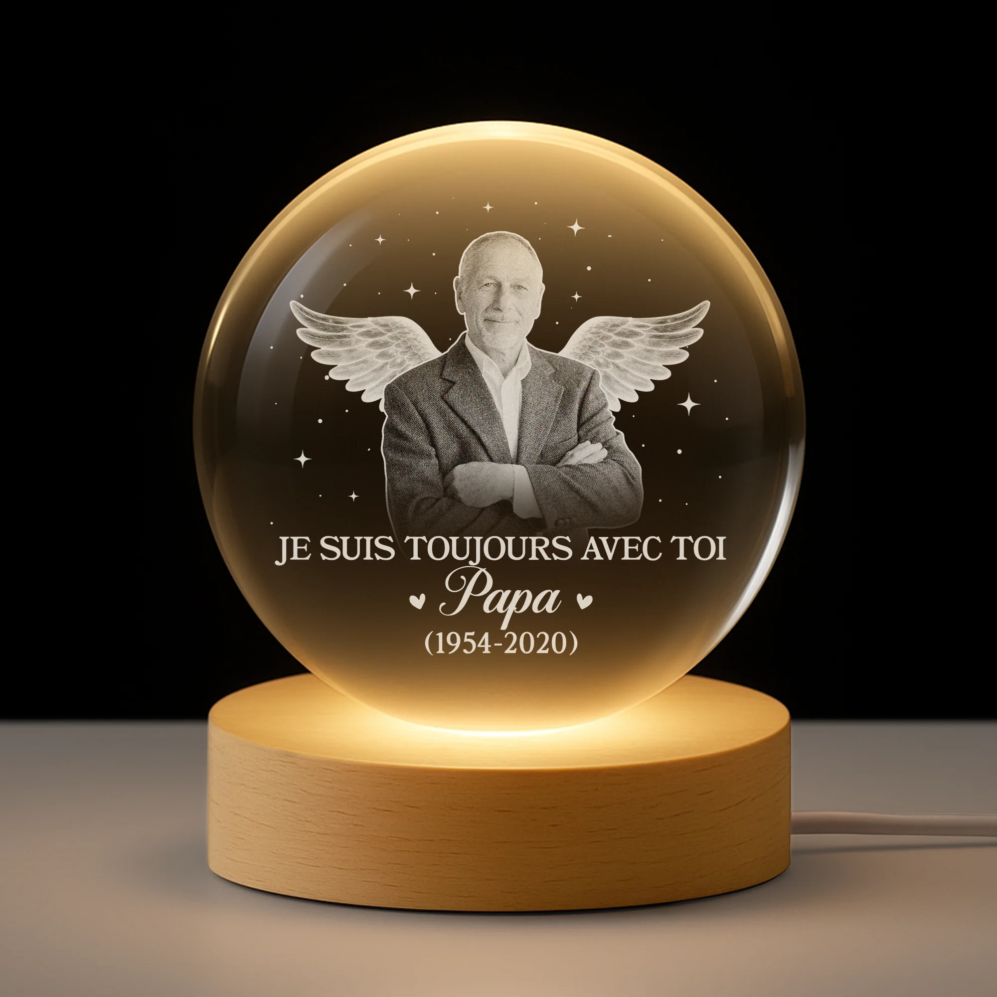 Boule Cristal Lumineuse Personnalisée Avec Photo Commémorative - Papa Maman Toujours Dans Mon Coeur