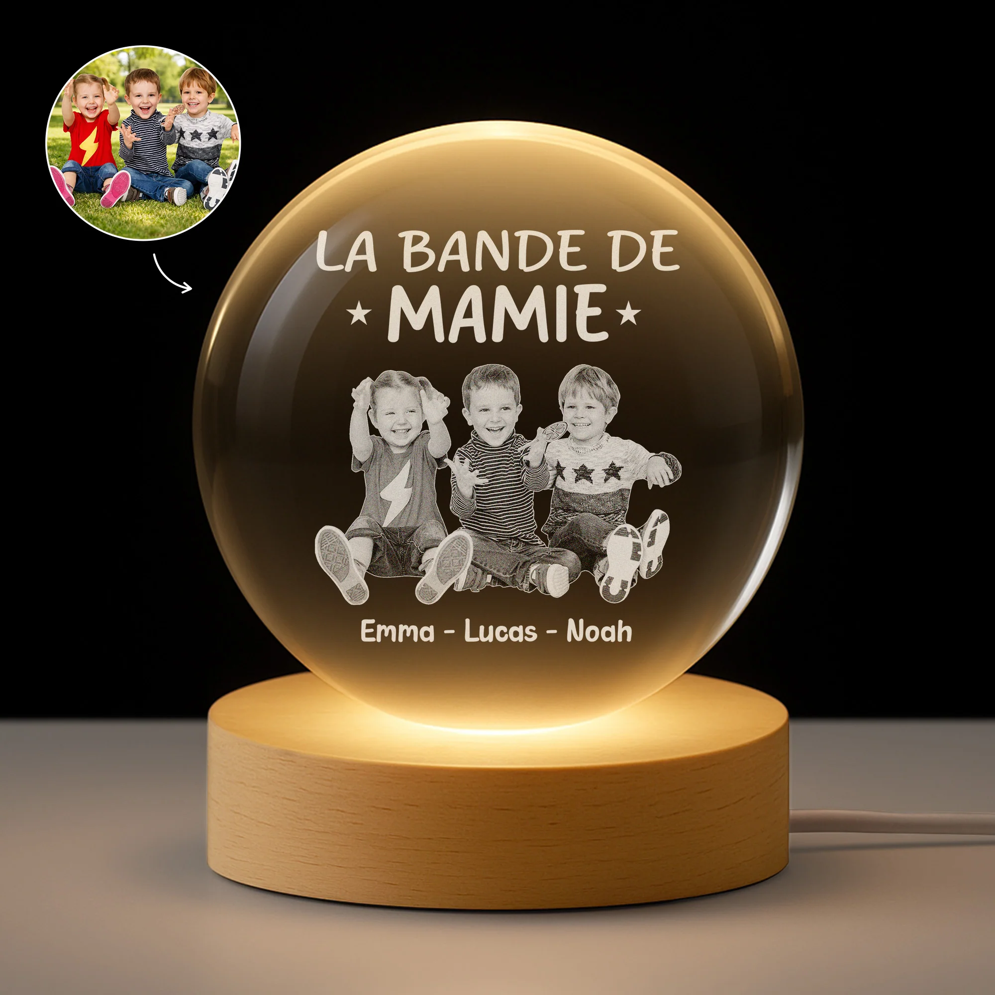 Veilleuse Boule de Cristal Personnalisée Maman Mamie - Cadeau La Bande De Mamie Avec Photo Des Enfants