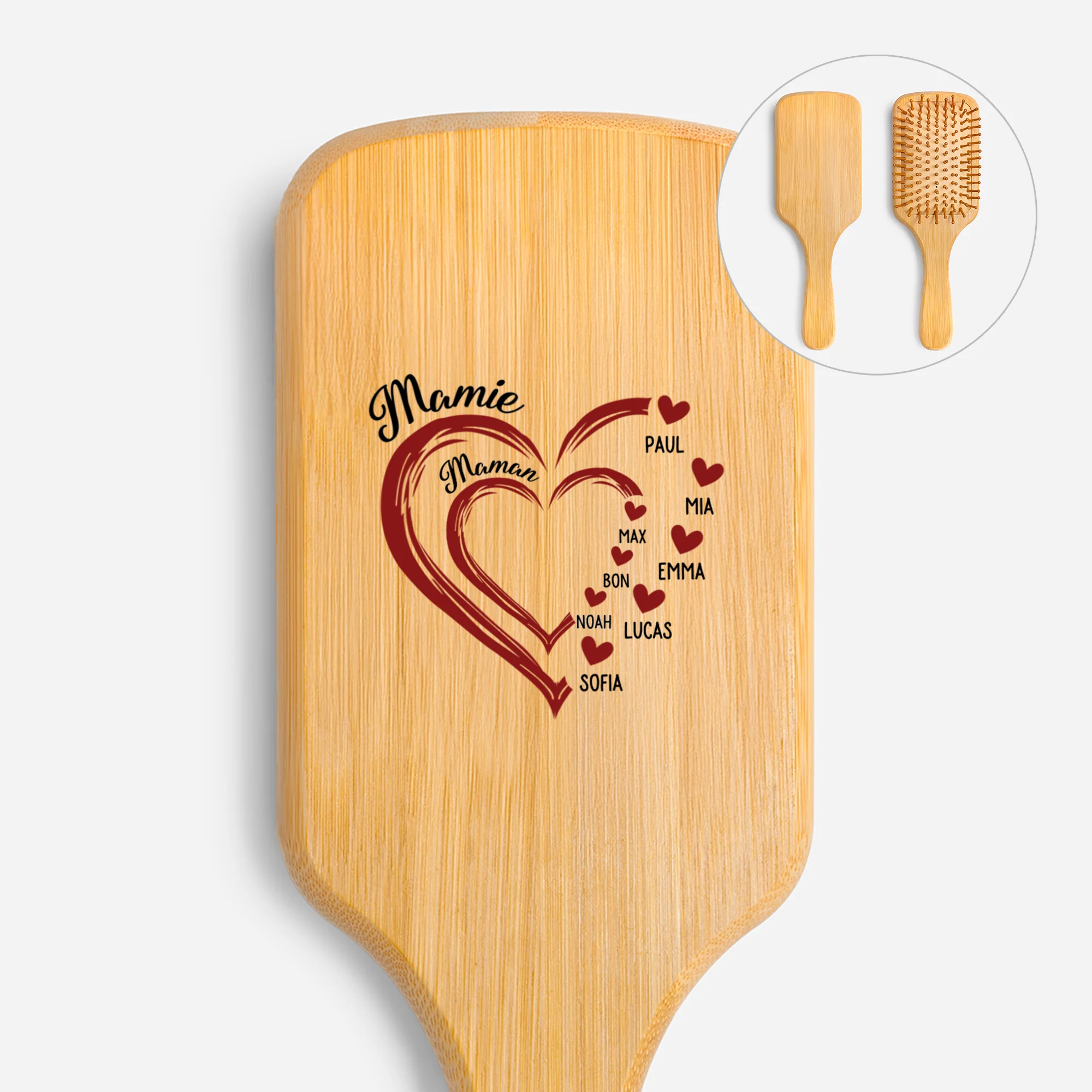 Brosse À Cheveux Personnalisée En Bambou Imprimée UV - Maman Mamie Avec Coeur Rouge
