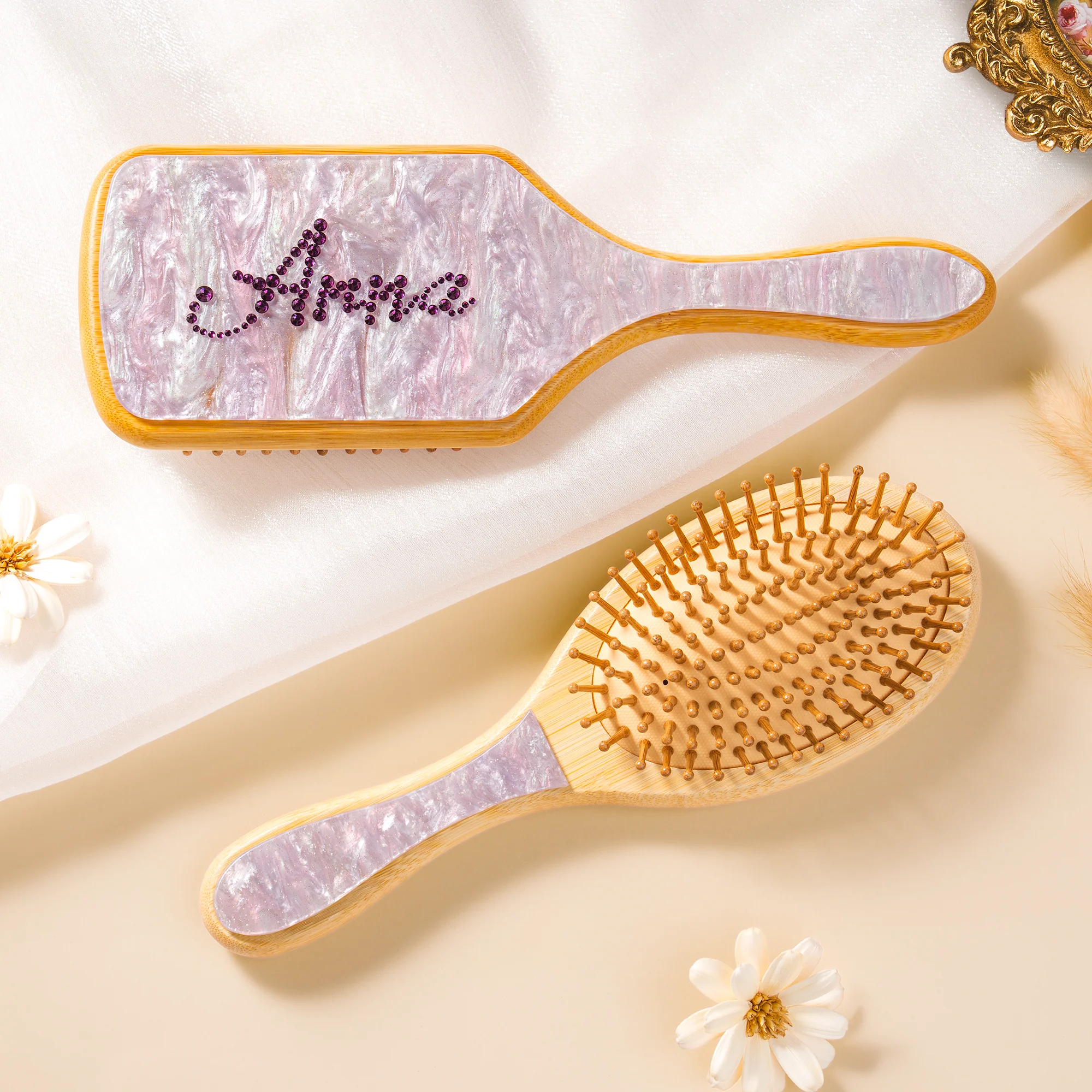 Brosse En Bois Cheveux | Brosse À Cheveux Personnalisée En Strass Avec Prénom - Image 2