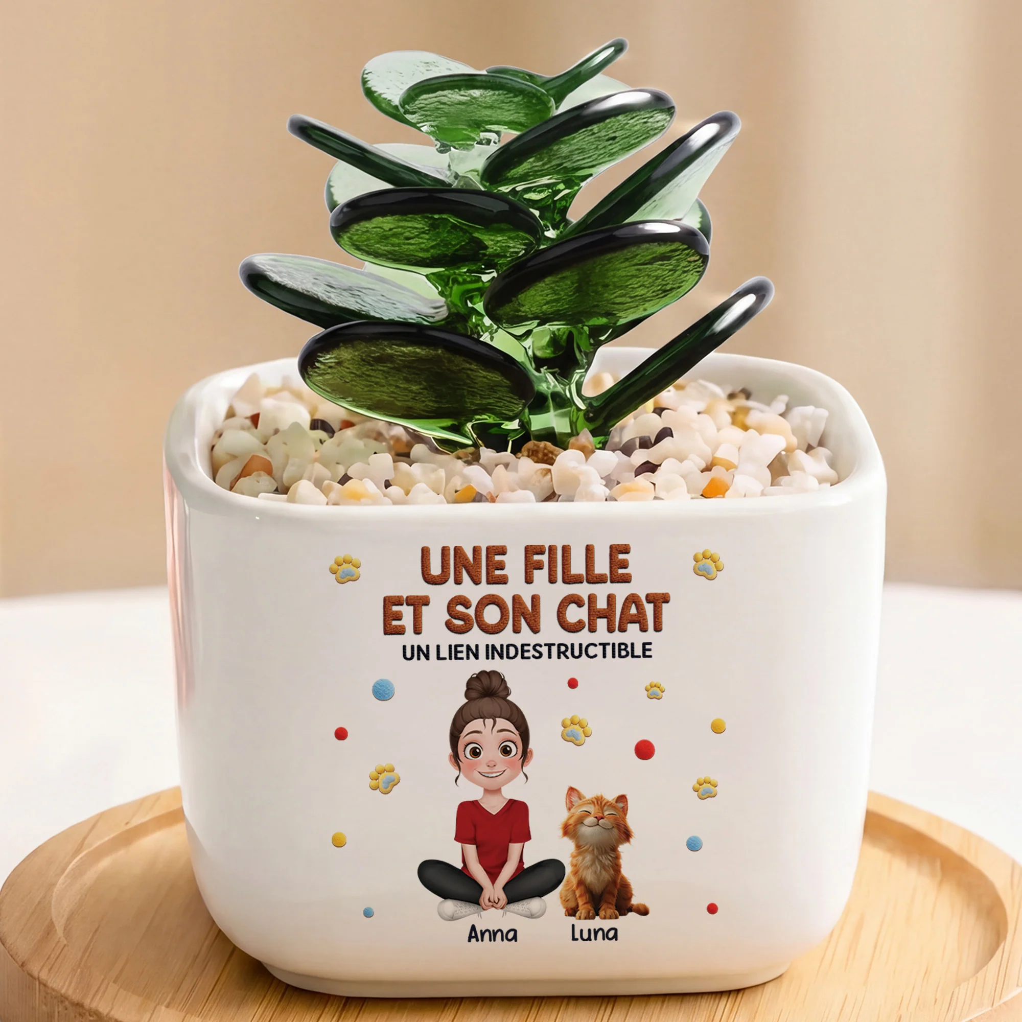 Cactus En Verre Fait Main Avec Pot - Cadeau Fille Et Son Chat