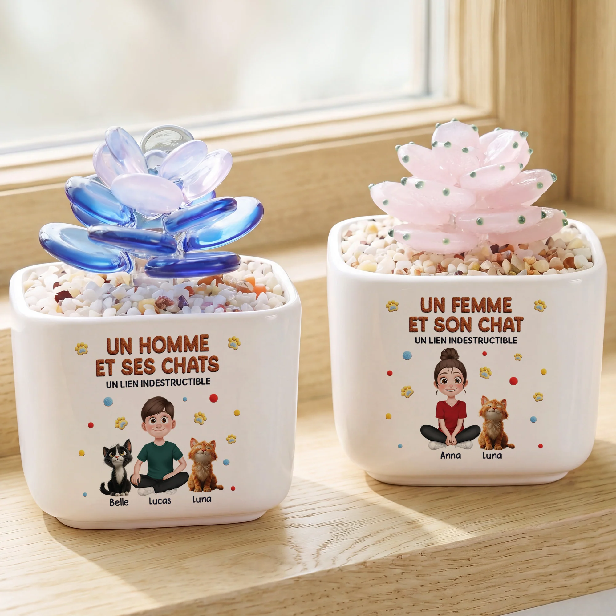 Cactus En Verre Fait Main Avec Pot - Cadeau Fille Et Son Chat - Image 2