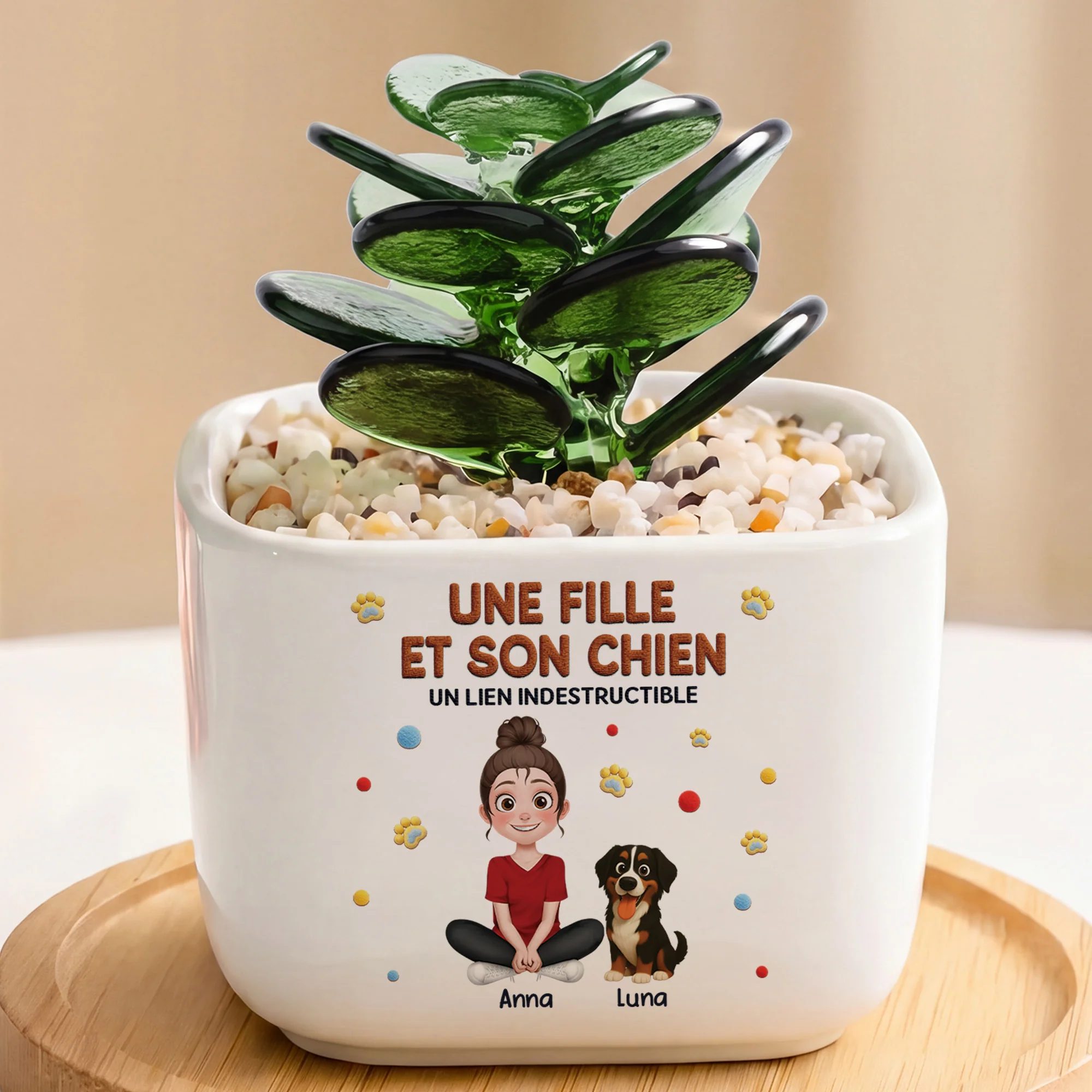 Cactus En Verre Fait Main Avec Pot - Cadeau Fille Et Son Chien