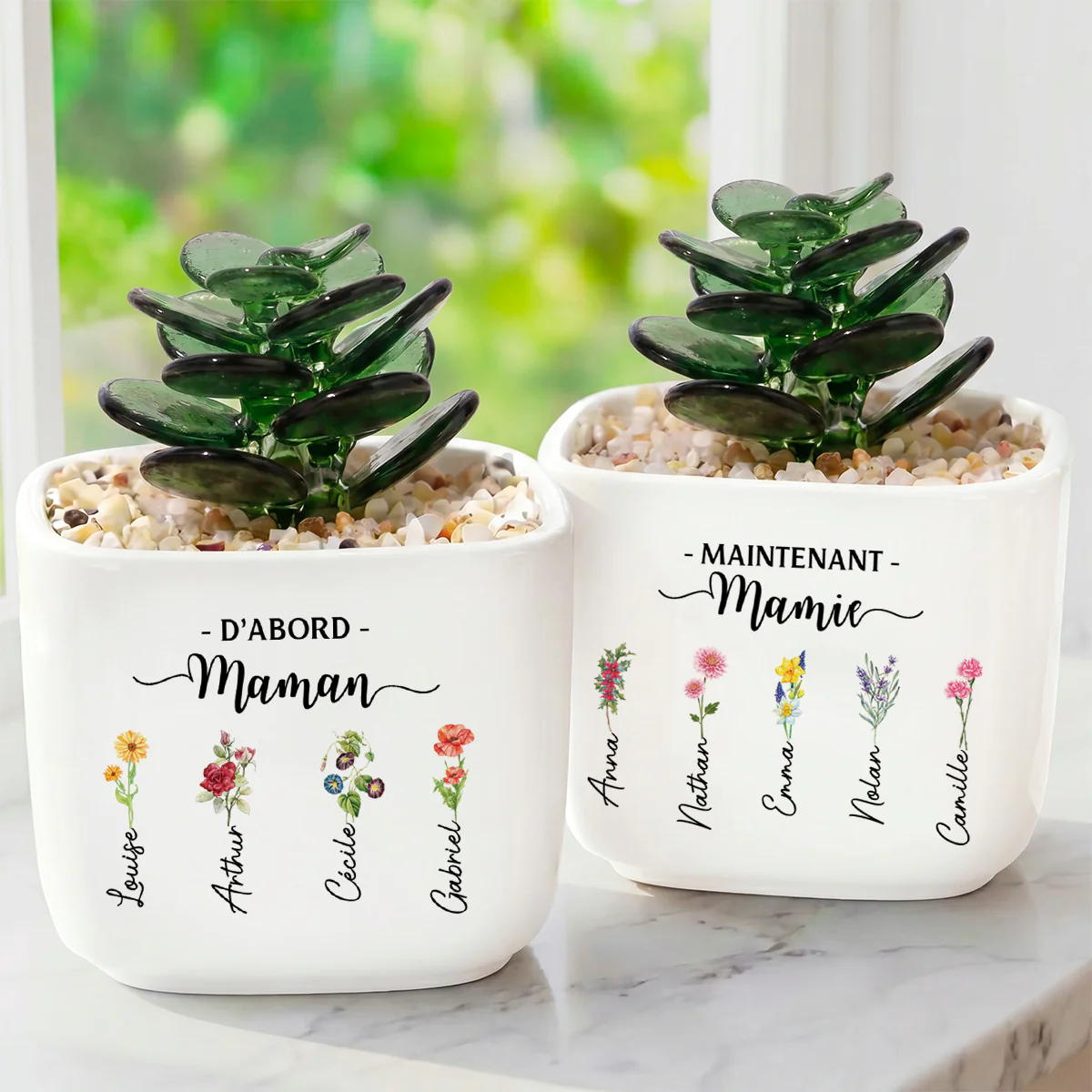 Cactus En Verre Fait Main Avec Pot - D'abord Maman Ensuite Mamie Avec Fleur De Naissance