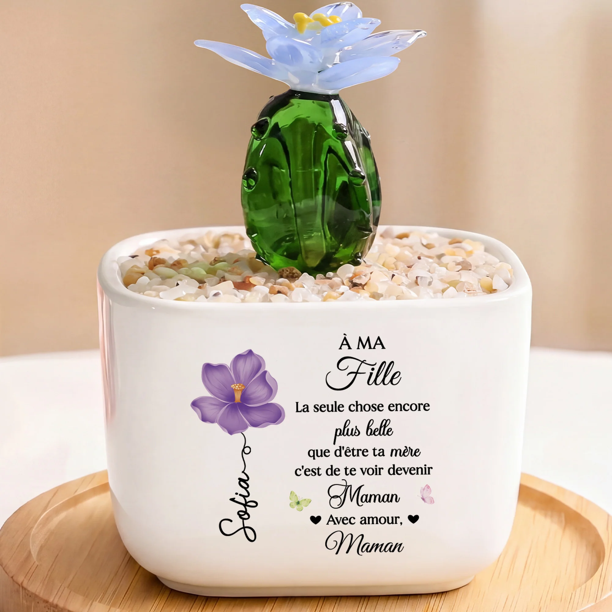Cactus En Verre Faites Main Avec Pot - Cadeau Mère Fille Te Voir Devenir Maman