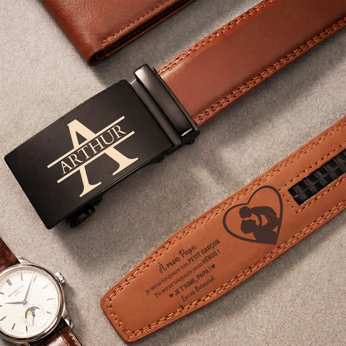 Ceinture Cuir Homme Haut De Gamme Personnalisé - Papa Est Mon Héros - Image 2