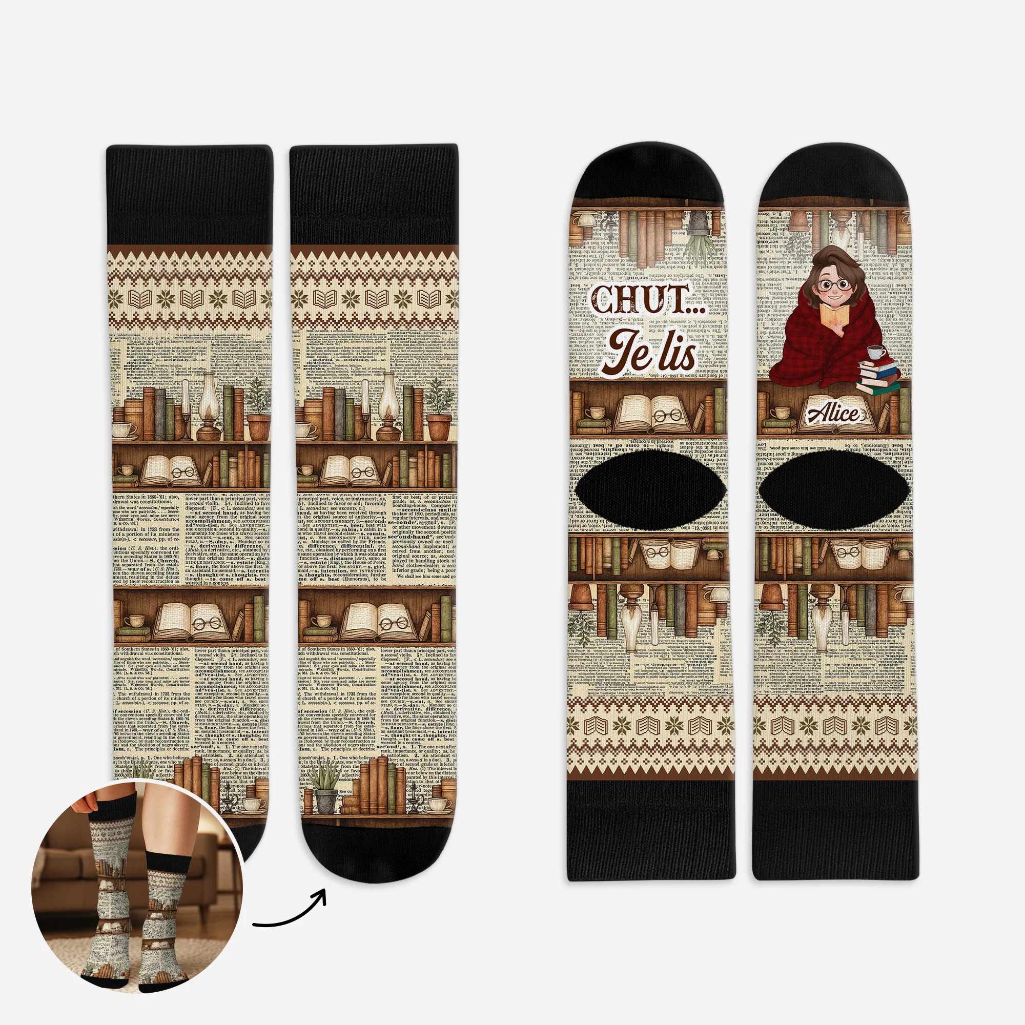 Chaussettes Personnalisées Pour Amoureux Des Livres - Chut Je Lis Style Vintage