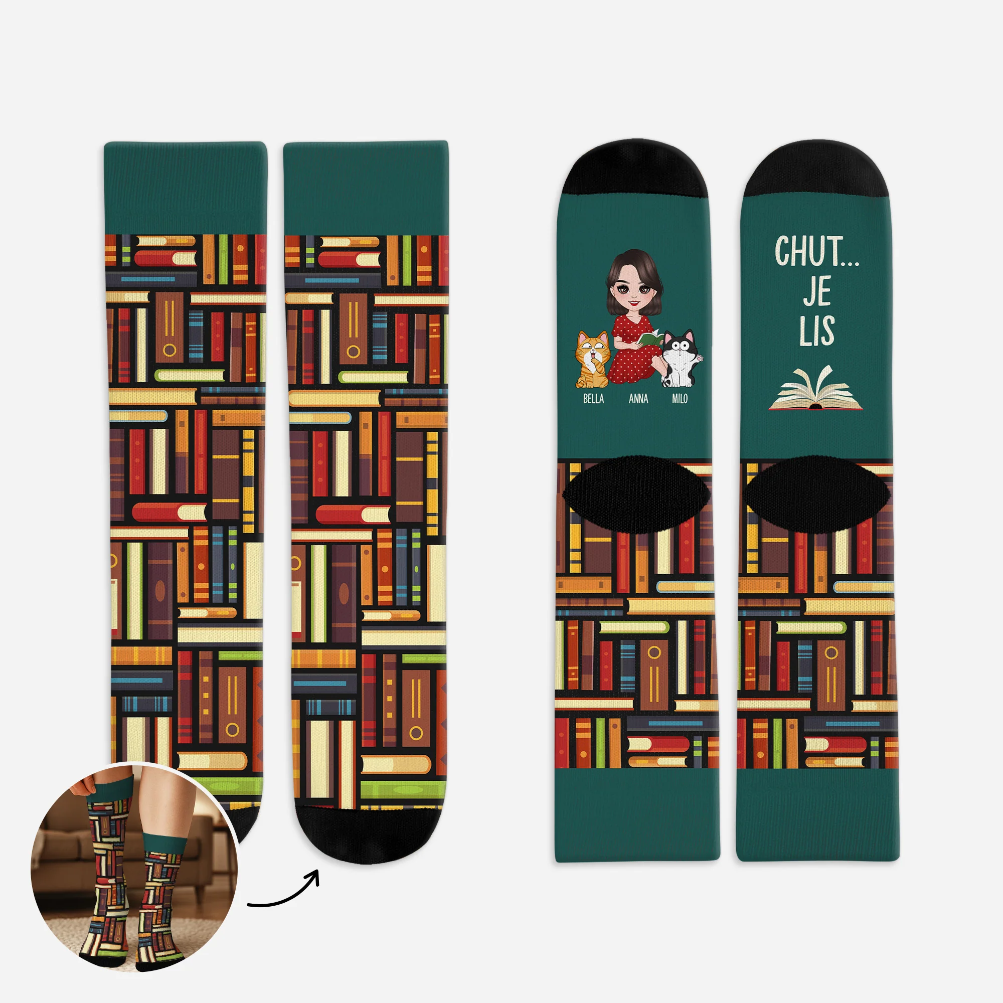 Chaussettes Personnalisées Pour Les Amoureux Des Livres - Chut Je Lis Avec Chat