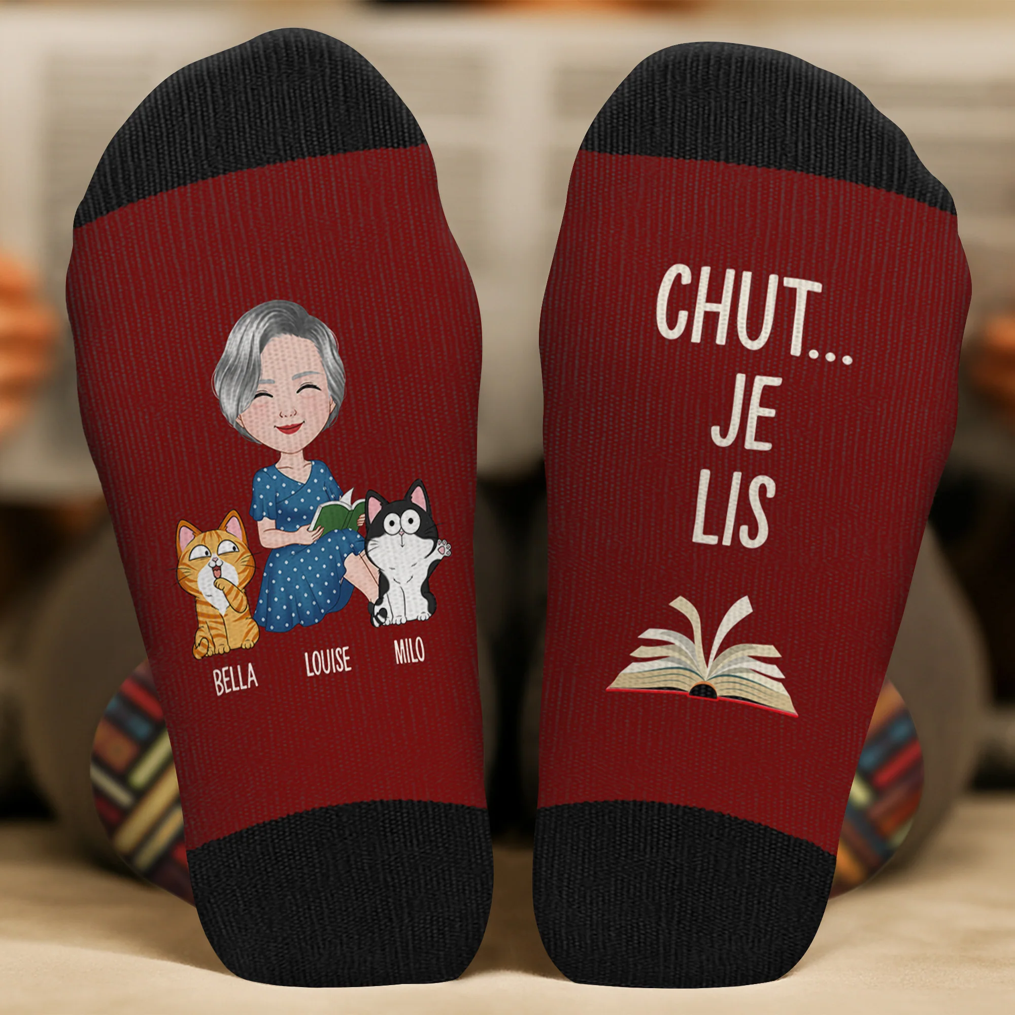 Chaussettes Personnalisées Pour Les Amoureux Des Livres - Chut Je Lis Avec Chat - Image 2
