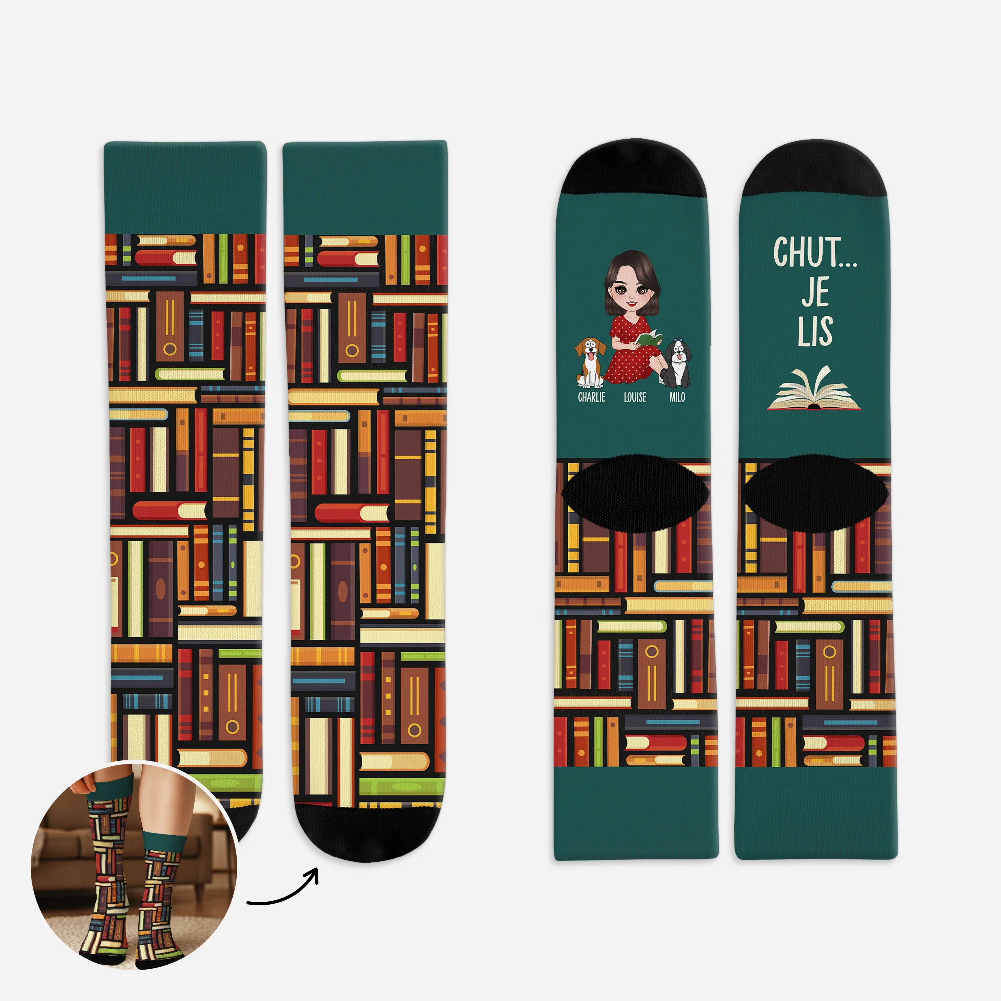 Chaussettes Personnalisées Pour Amoureux Des Livres - Chut Je Lis Avec Chien