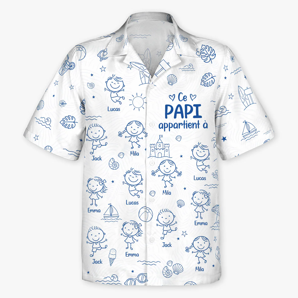 Chemise Hawaïenne Personnalisée Pour Été Style Toile Bleue - Mamie Papy Appartient À