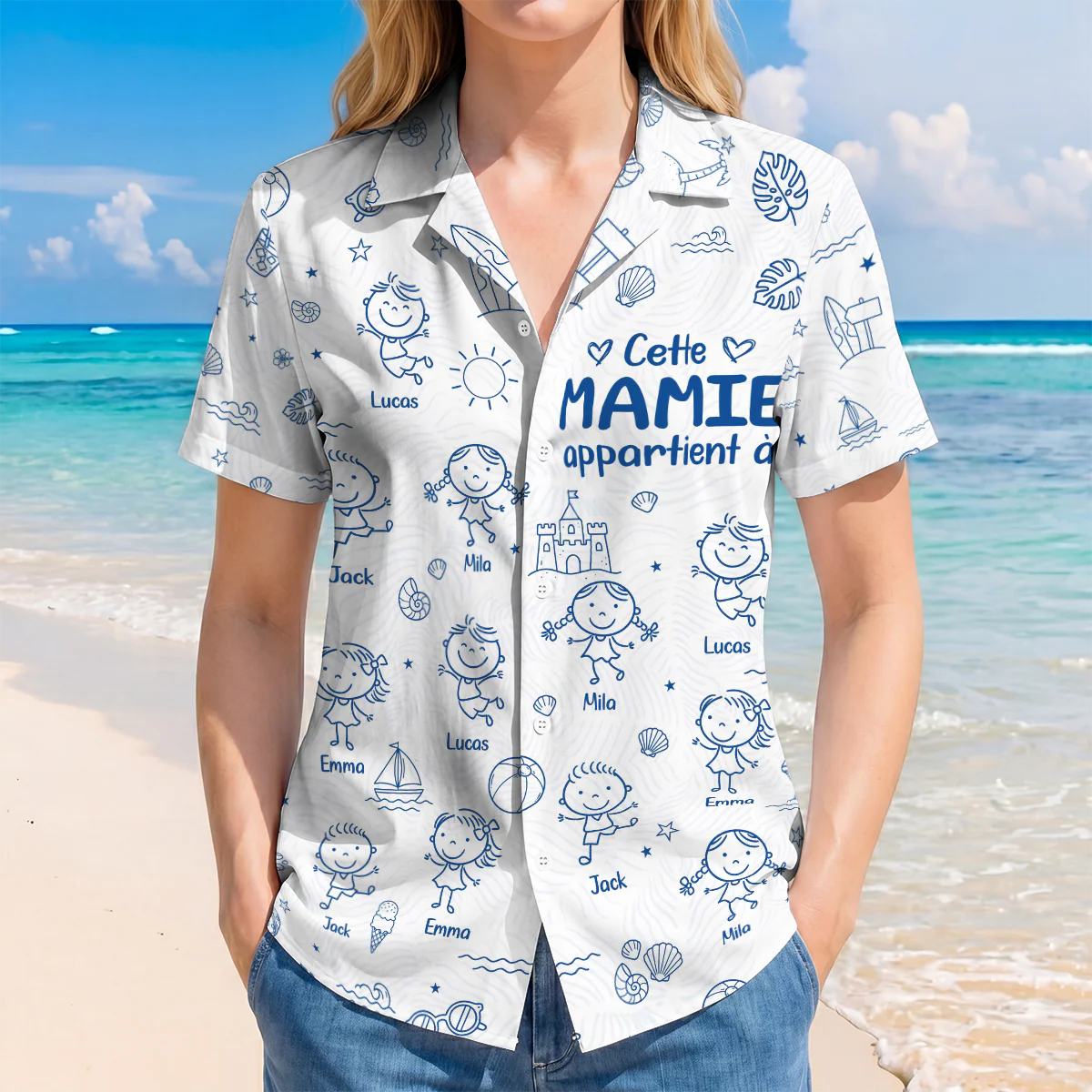Chemise Hawaïenne Personnalisée Pour Été Style Toile Bleue - Mamie Papy Appartient À - Image 2