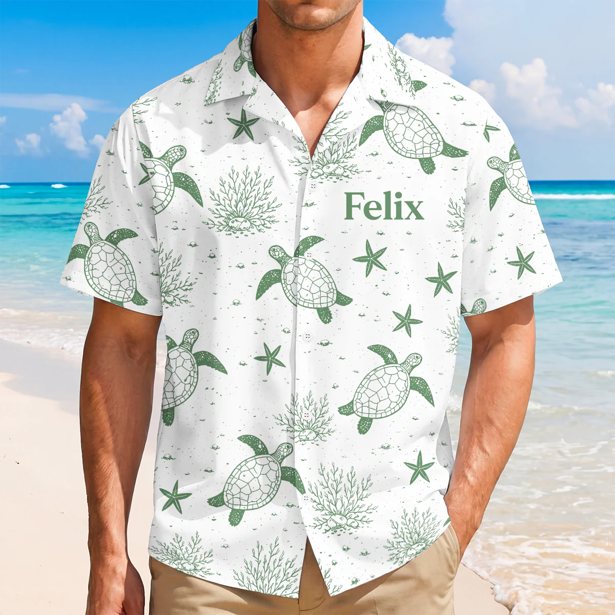 Chemise Hawaïenne Personnalisée Prénom Et Dessin Tortue - Cadeau Pour Homme - Image 2