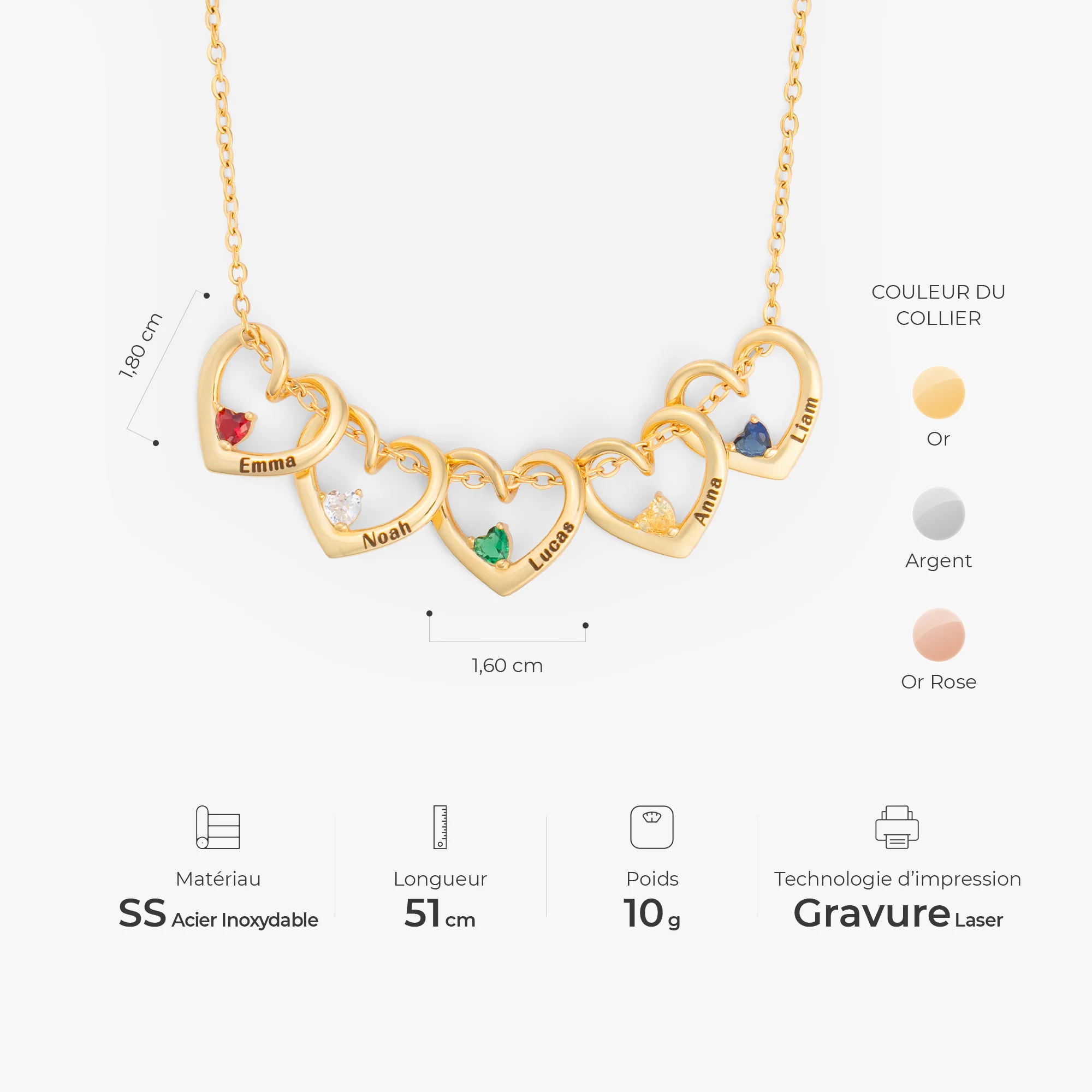 Collier Personnalisé Pierre De Naissance Avec Pendentif Cœur Pour Femme/Homme - Petits Cœurs - Image 3