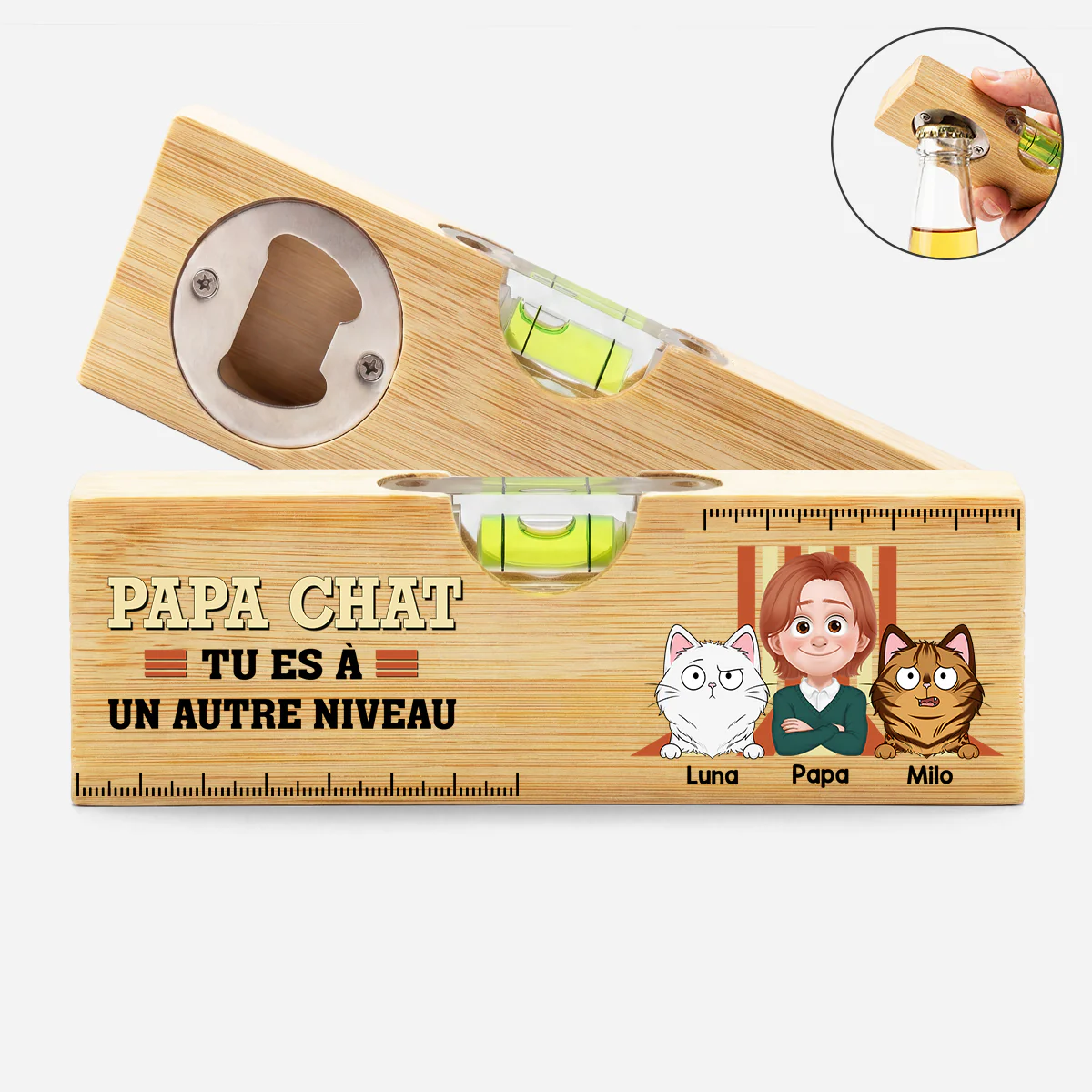 Décapsuleur Bois Personnalisé Avec Niveau À Bulle - Cadeau Pour Propriétaire De Chat