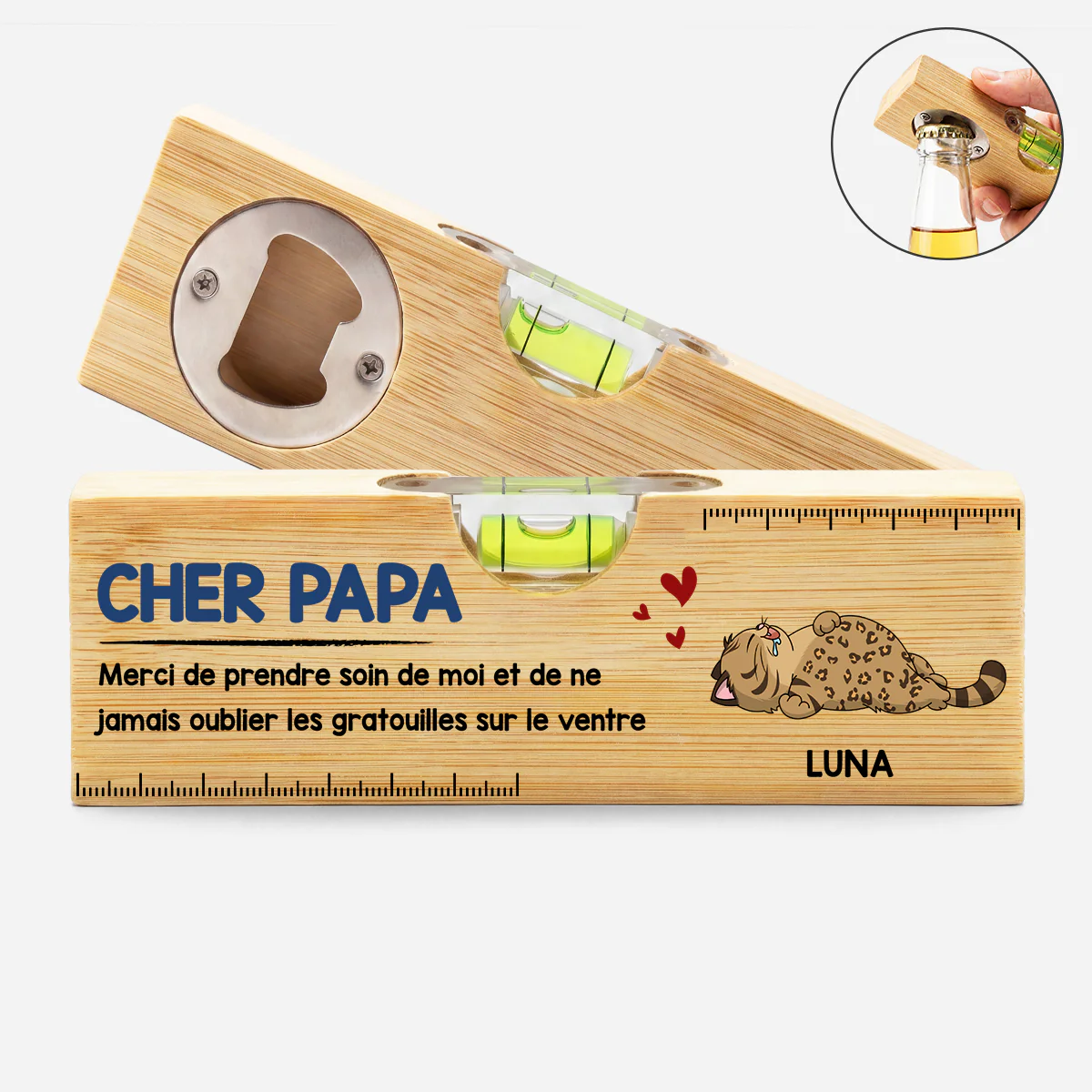 Décapsuleur Bois Personnalisé Avec Niveau À Bulle - Prendre Soin De Moi Cadeau Chat Original