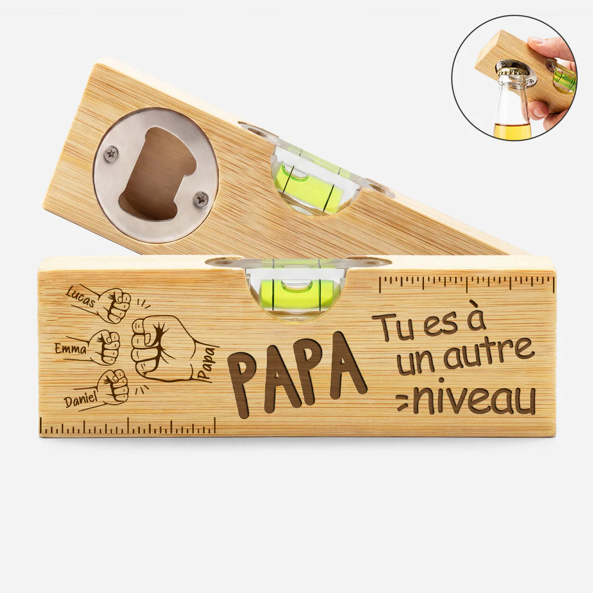 Décapsuleur Personnalisable En Bois Avec Niveau À Bulle - Cadeau Futur Papa Futur Papy