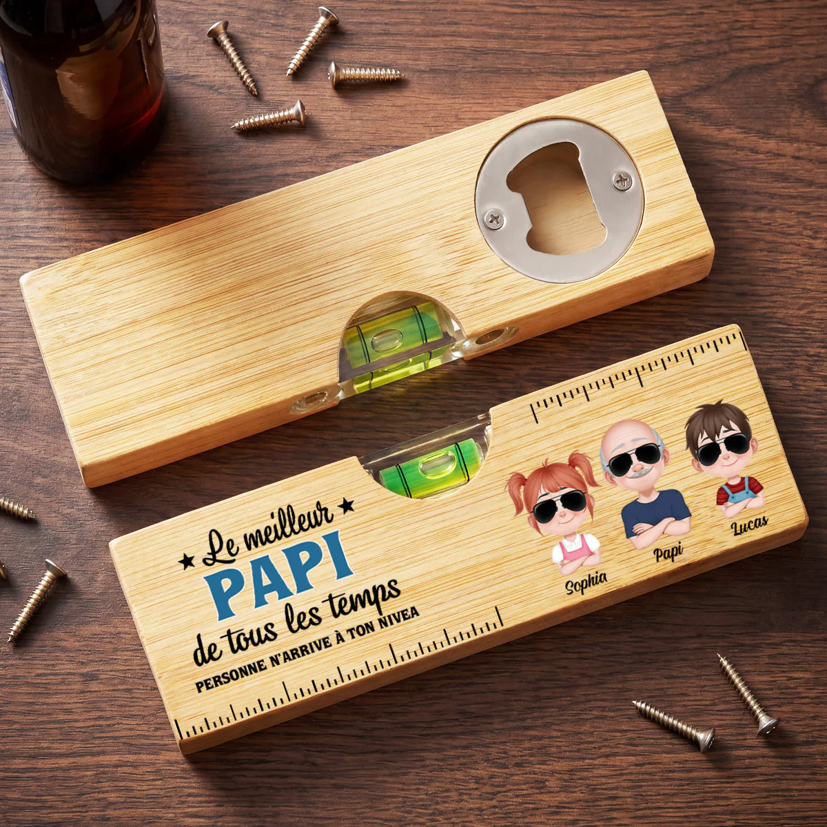 Décapsuleur Personnalisable En Bois Avec Niveau À Bulle - Meilleur Papa Meilleur Papy - Image 2