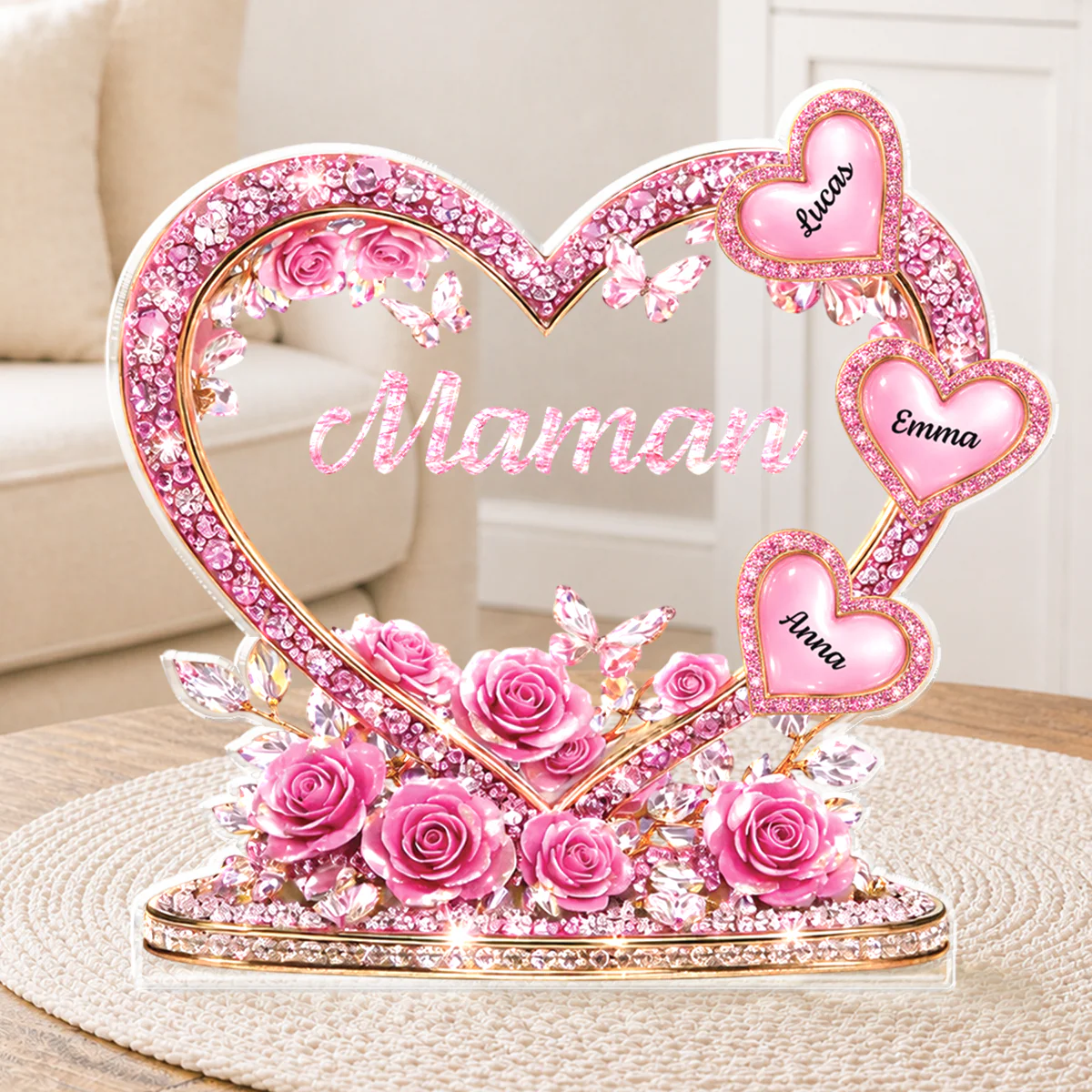 [Effet d'impression 3D] Bloc Acrylique Personnalisé Découpée - Cœur Diamant De Maman Mamie