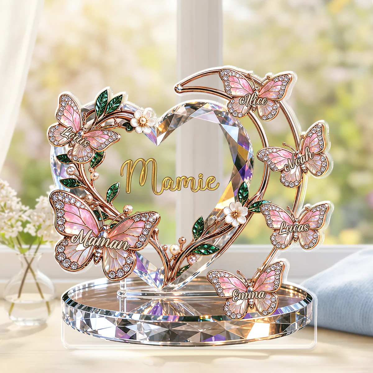 [Effet d'impression 3D] Bloc Acrylique Personnalisé Forme Originale - Cadeau Maman Mamie Avec Papillon