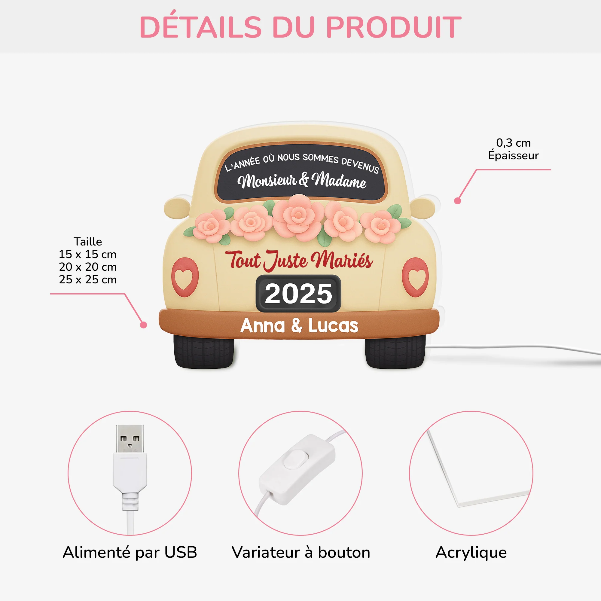 [Effet d'impression 3D] Lightbox Personnalisable Pour Couple - Année De Notre Mariage - Image 3