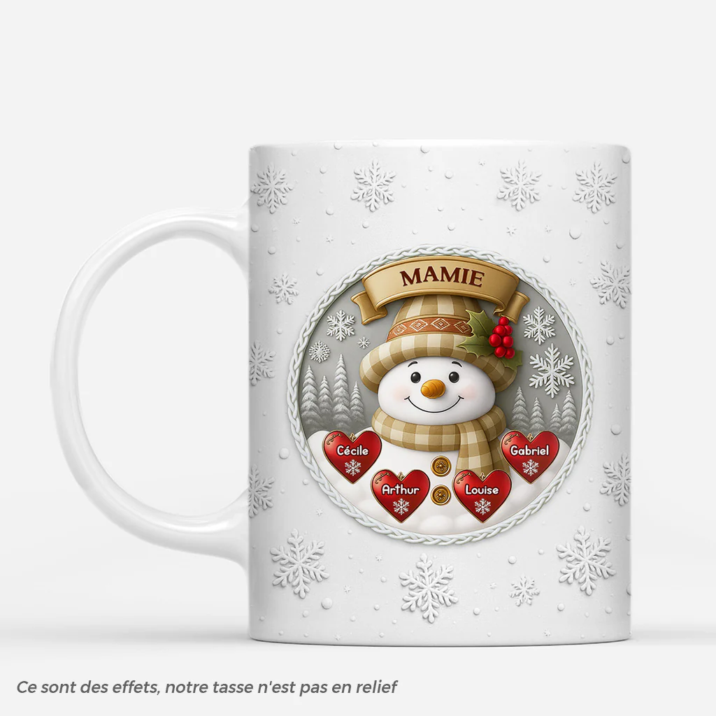 [Effet d'impression 3D] Mug De Noël Personnalisé - Mamie Bonhomme De Neige
