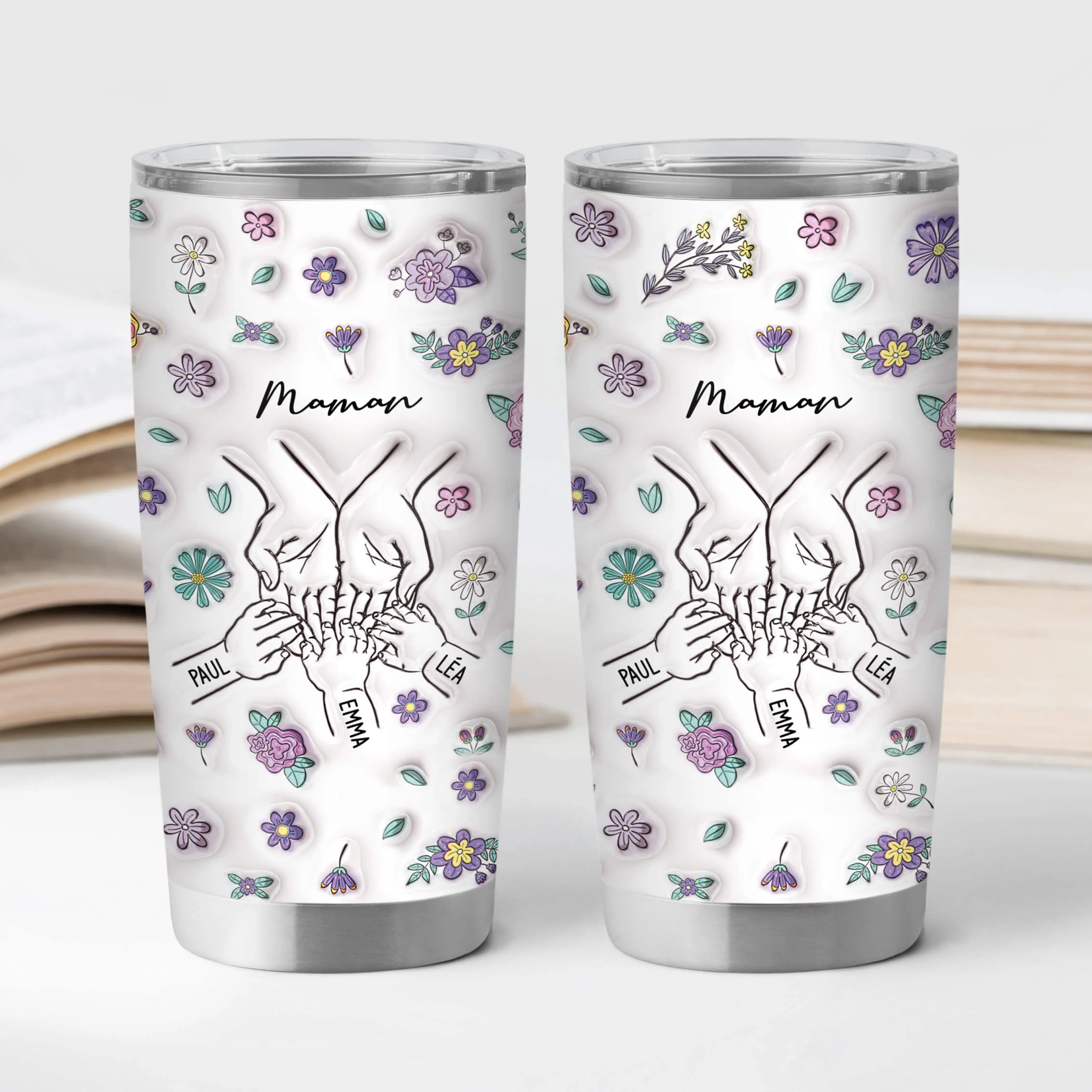[Effet d'Impression 3D] Cadeau Personnalisé Maman | Mug Isotherme 590ml Fleurs Violettes - Image 2