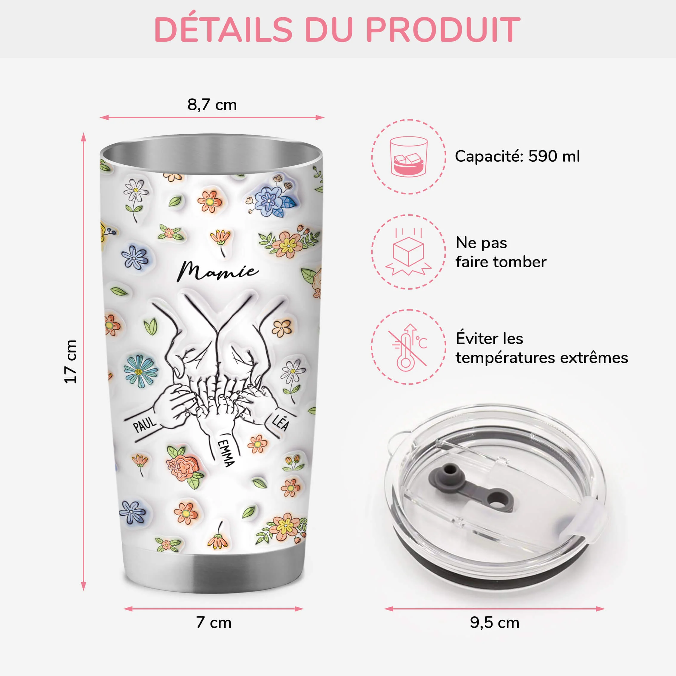 [Effet d'Impression 3D] Cadeau Personnalisé Maman | Mug Isotherme 590ml Fleurs Violettes - Image 3