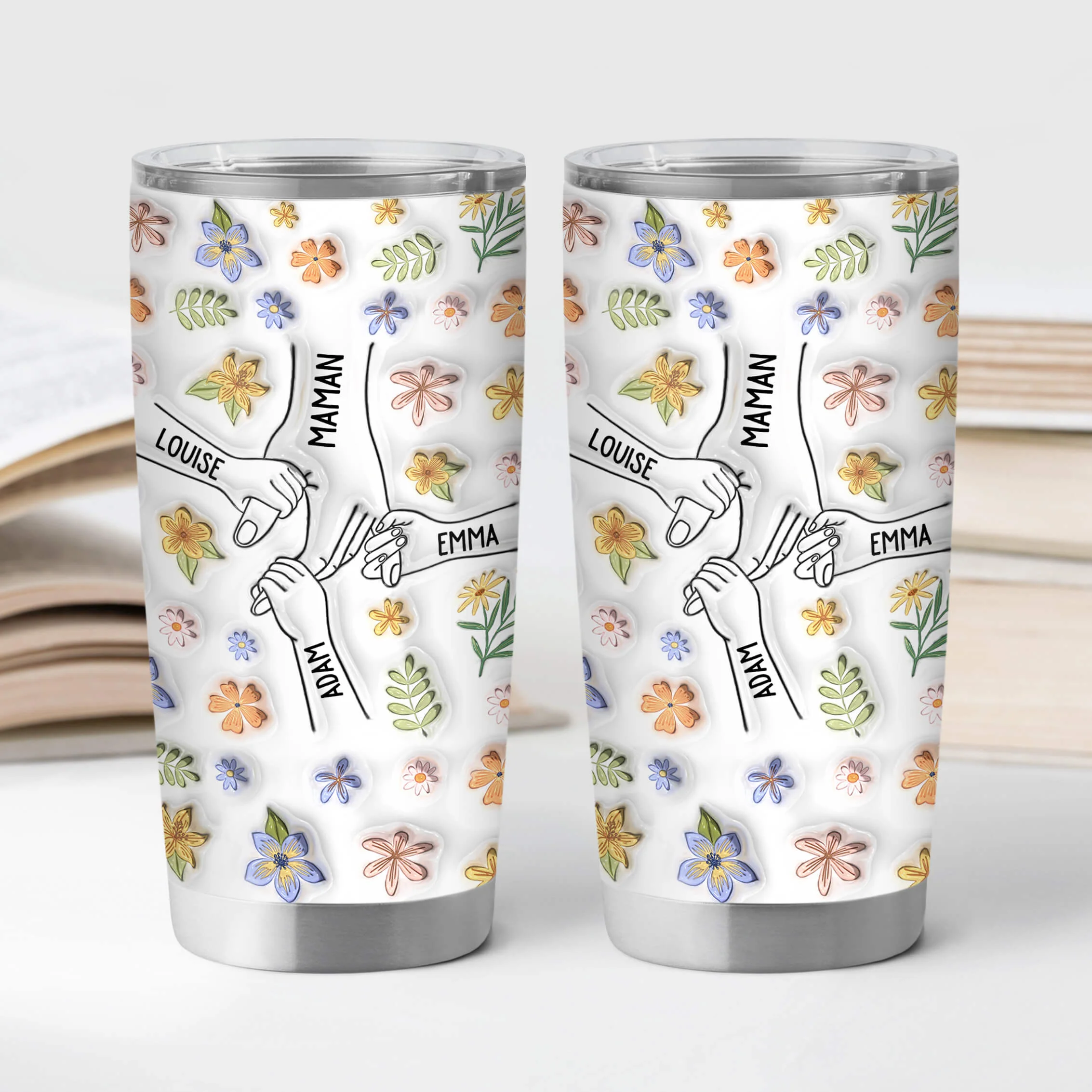 [Effet d'Impression 3D] Cadeau Personnalisé Pour Maman | Mug Isotherme 590ml Mains Avec Fleurs - Image 2