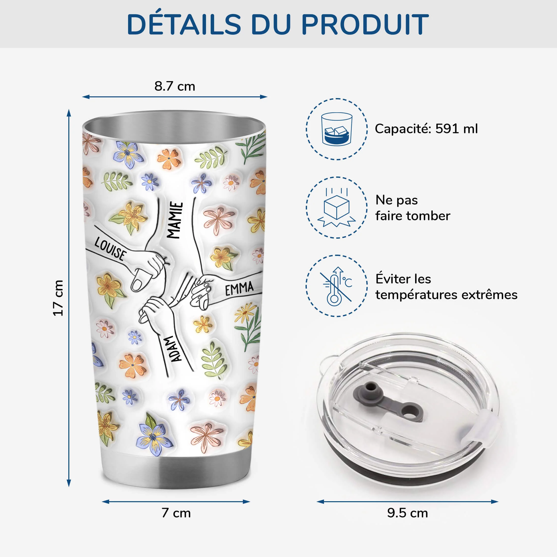 [Effet d'Impression 3D] Cadeau Personnalisé Pour Maman | Mug Isotherme 590ml Mains Avec Fleurs - Image 3
