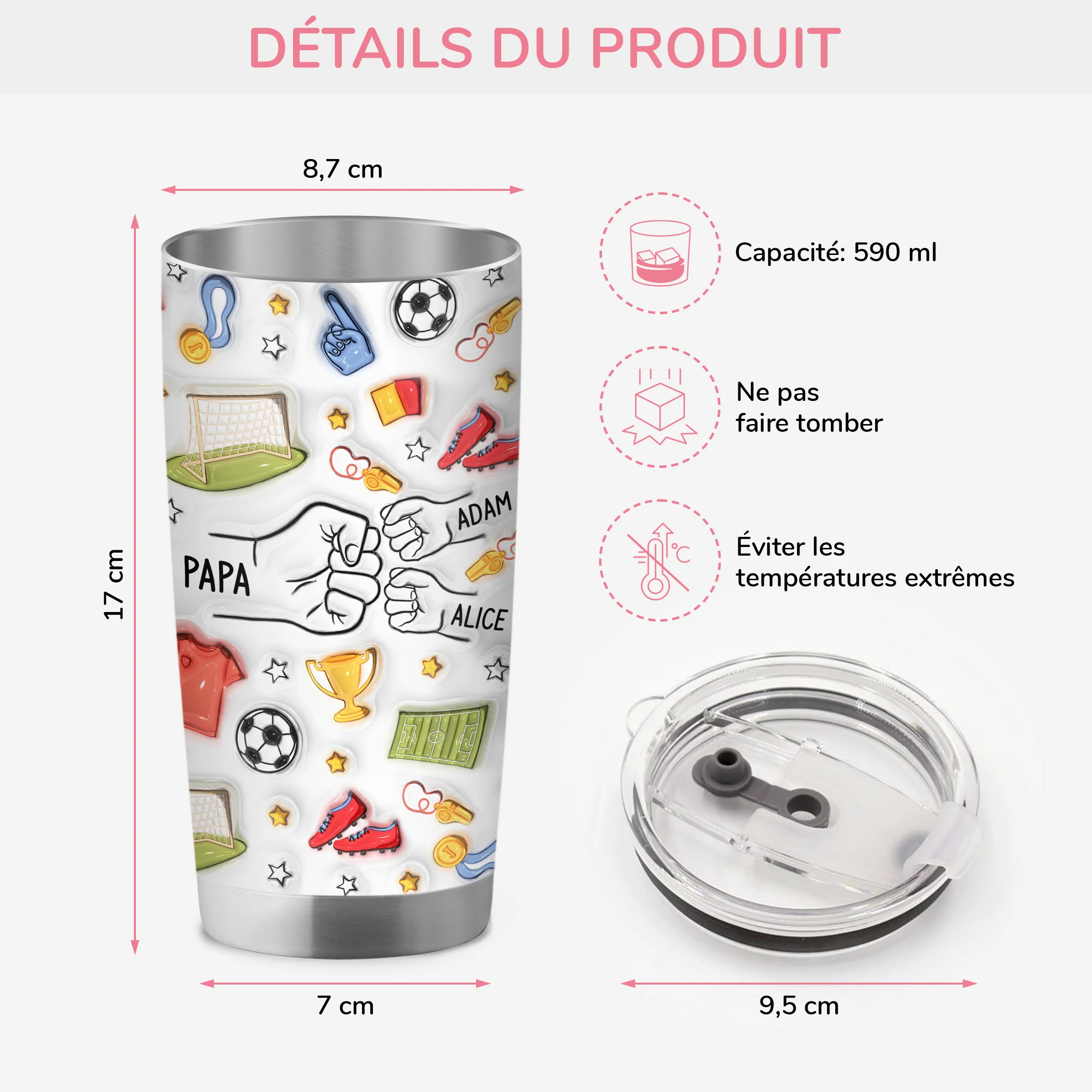 Cadeau Papa Personnalisé - Footballeur - Mug Isotherme 590ml - Effet 3D - Image 3