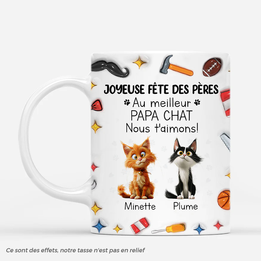 [Effet d'Impression 3D] Mug Personnalisé Papa - Au Meilleur Papa Chat Bricoleur