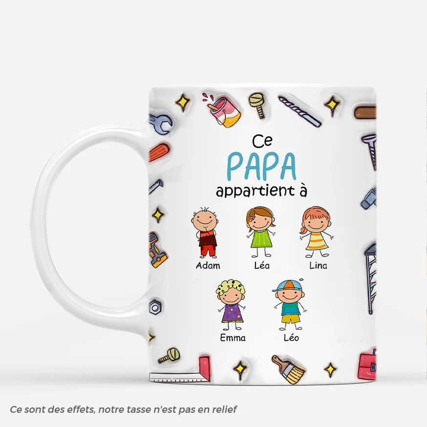 [Effet d'Impression 3D] Mug Personnalisé Papa - Ce Papa Bricoleur Appartient À - Bonhommes Allumettes