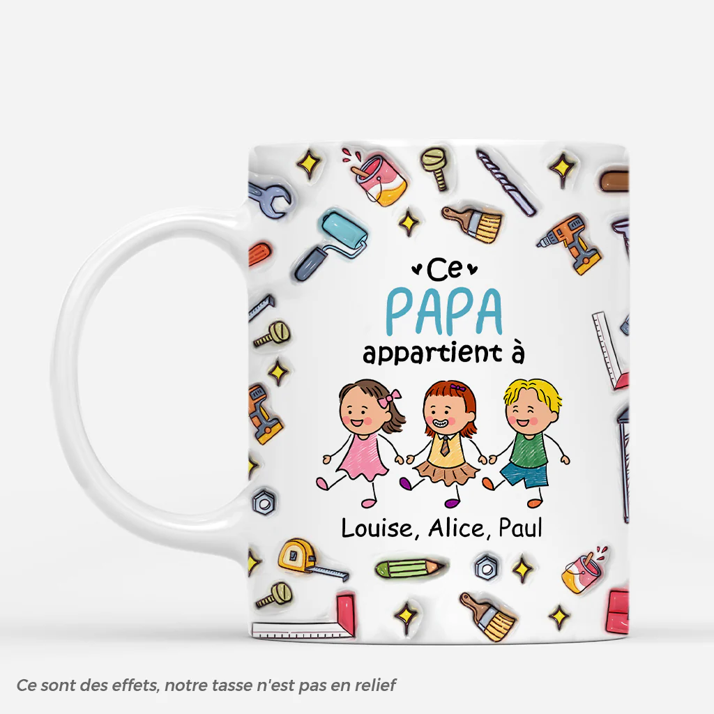 [Effet d'Impression 3D] Mug Personnalisé - Ce Papa Bricoleur Appartient À - Dessin Crayon