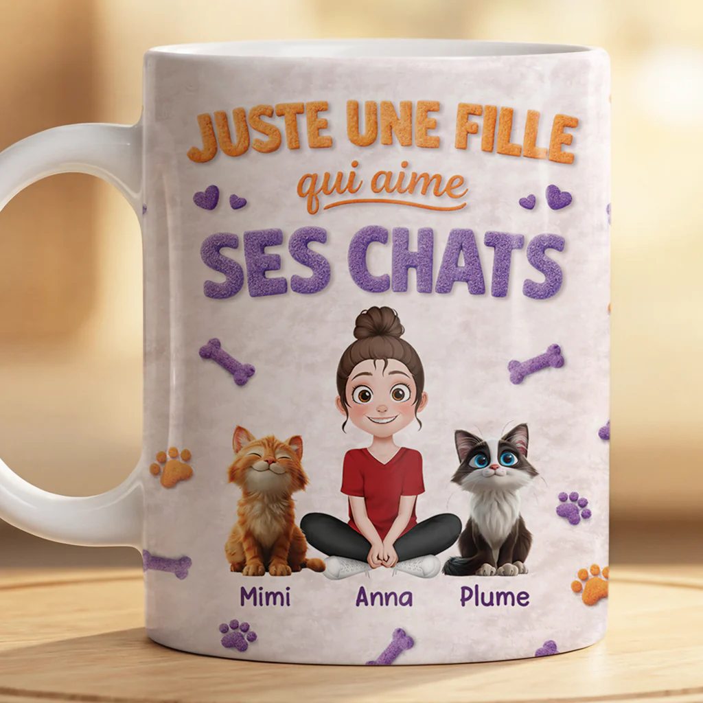 [Effet d'impression 3D] Mug Personnalisé Chat Avec Dessin - Juste Une Fille Et Son Chat - Image 2