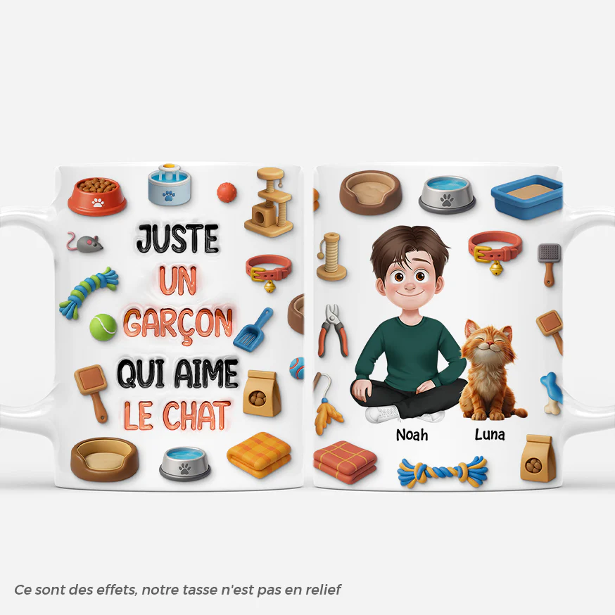 Mug Personnalisé Chat Effet 3D - Un Garçon/Une Fille Qui Aime Le Chat
