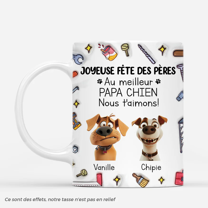 [Effet d'Impression 3D] Mug Personnalisé Papa - Joyeuse Fête Papa Chien Avec Outils