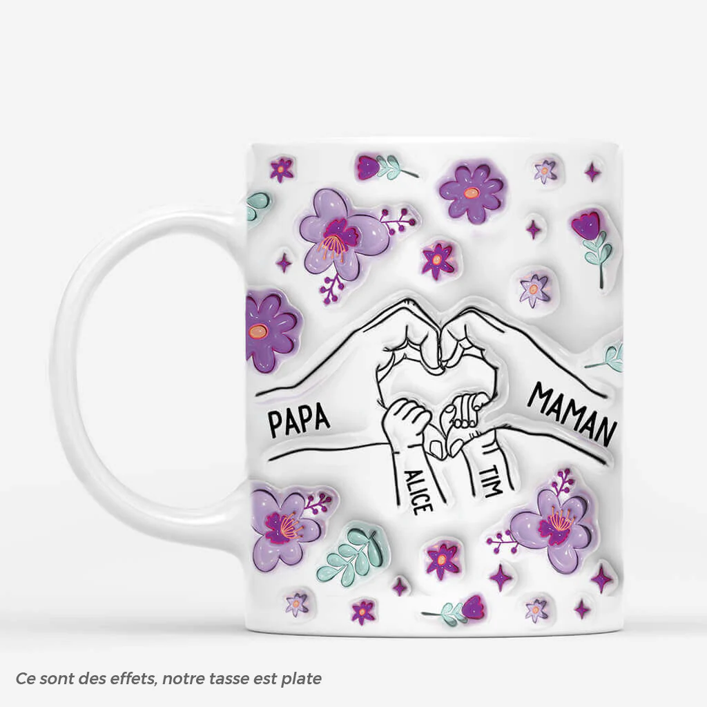 [Effet d'Impression 3D] Mug Personnalisé Famille - Mains Cœur Et Fleurs Violettes