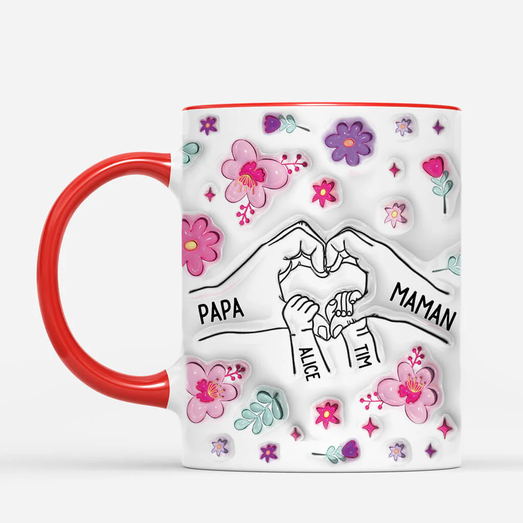 [Effet d'Impression 3D] Mug Personnalisé Famille - Mains Cœur Et Fleurs Violettes - Image 2