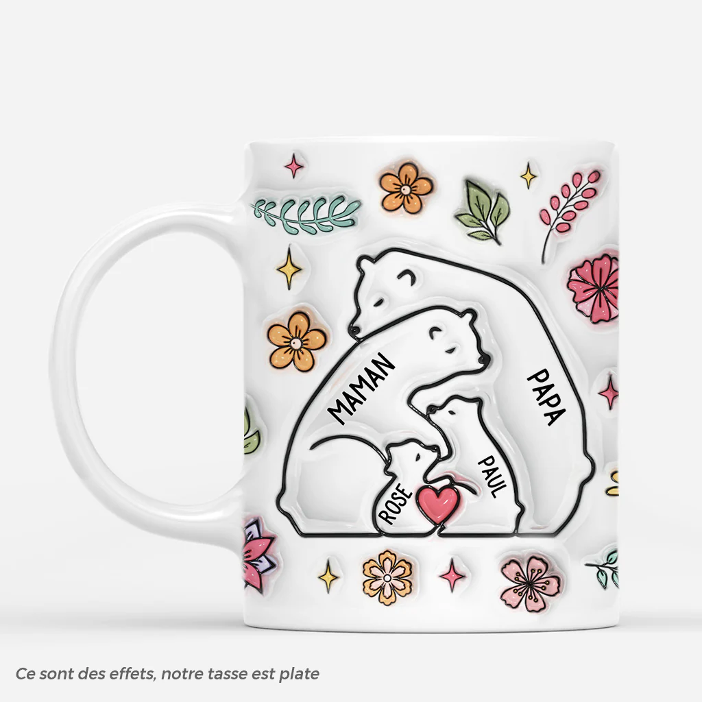 Mug famille nombreuse personnalisé – Ours cœur & fleurs
