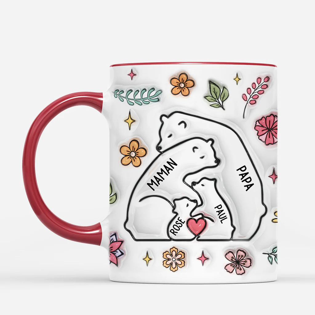 Mug famille nombreuse personnalisé – Ours cœur & fleurs - Image 2
